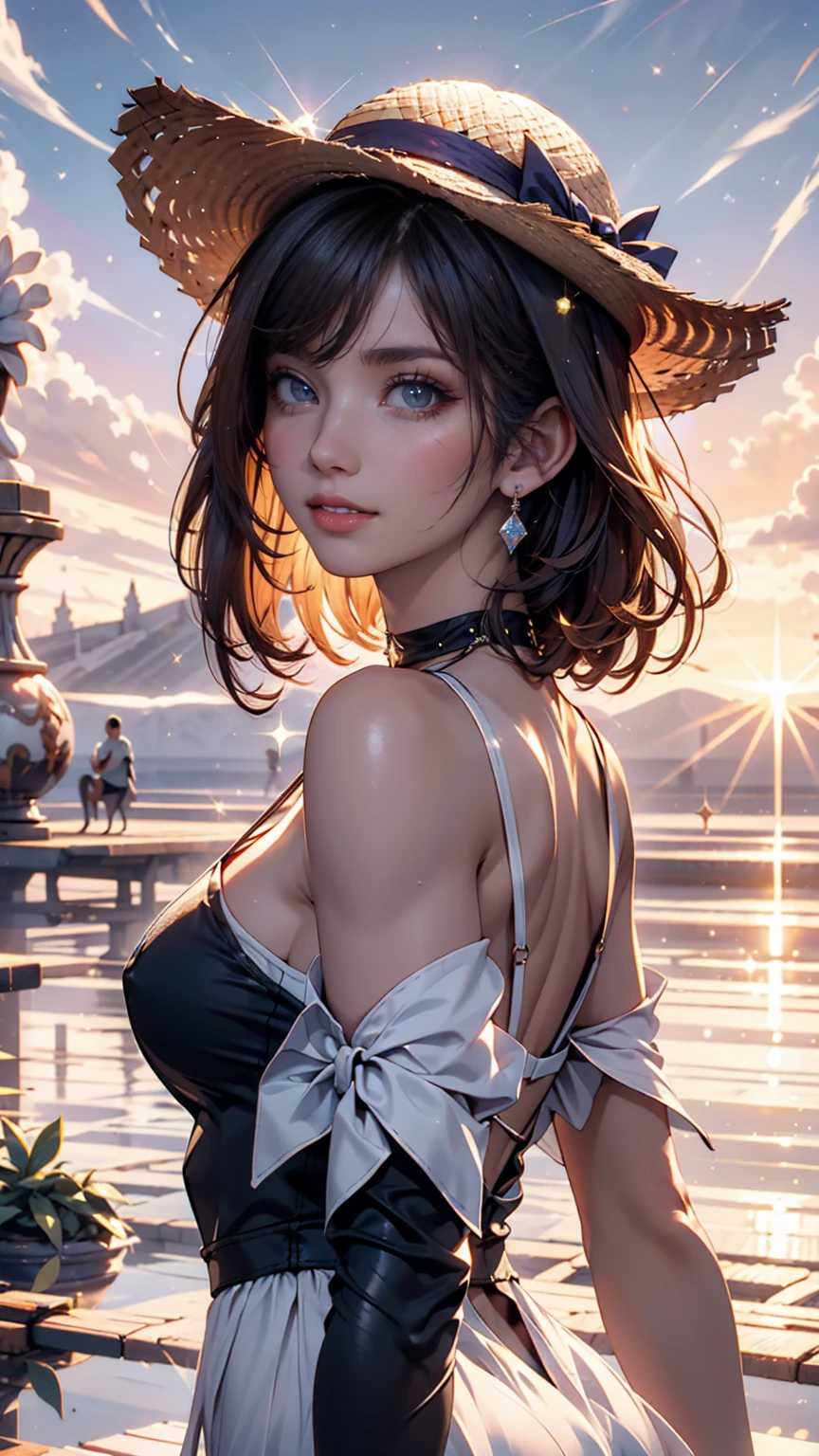 1 girl, masterpiece, very detailed, ( Beautiful Detailed Sparkle), lens flare, white hair, short hair, Floating Hair, look back, Behind the back, smile, blue eyes, white dress, medium breasts, upper body, wide shot from the side of the con, straw hat, ((Salar de Uyuni)), Sunrise, cloud, backlight, Purple Sky, Yellow Sky, gradient sky,  Hands on a Hat 、CHOKER