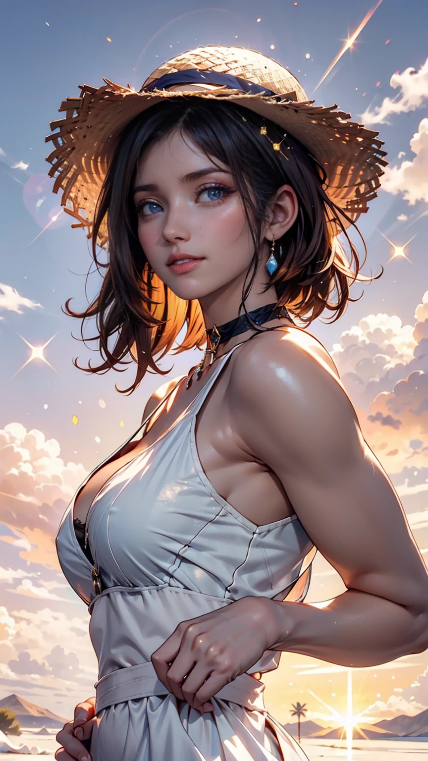 One girl, masterpiece, Very detailed, (Beautiful sparkle), Lens flare, Silver Hair, short hair, Floating Hair, Recall, Behind the back, smile, blue eyes, White Dress, Medium chest, Upper Body, Wide Shot, Straw hat, ((Cornfields to the horizon)), sunrise, cloud, Backlight, Purple Sky, Yellow Sky, Gradient Sky, put your hand on the hat