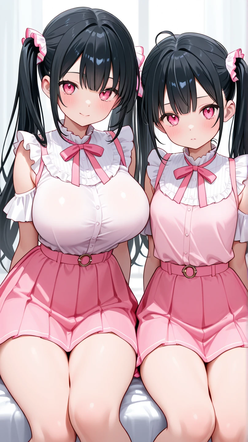 (8K、Best image quality、highest quality、masterpiece)、Detailed face、(2 girls, Black Hair, Purple Eyes, long hair)、Improve、 (magical pink girl outfit,frill mini skirt:1.2), (glamorous:1.2), (huge breasts:1.4), (cleavage cutout), (open clothes:1.4), (open mouth), (embarrassed), Classroom Background, (black stockings:1.2), (Thighs:1.2), (Waistline), (from above:1.2)