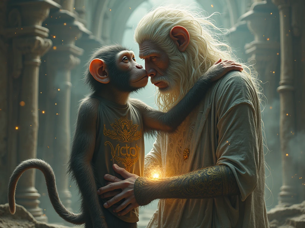 Make a monkey one with a shirt written VICTOR and a human written Anunaki and the human EMBRACING THE MONKEY