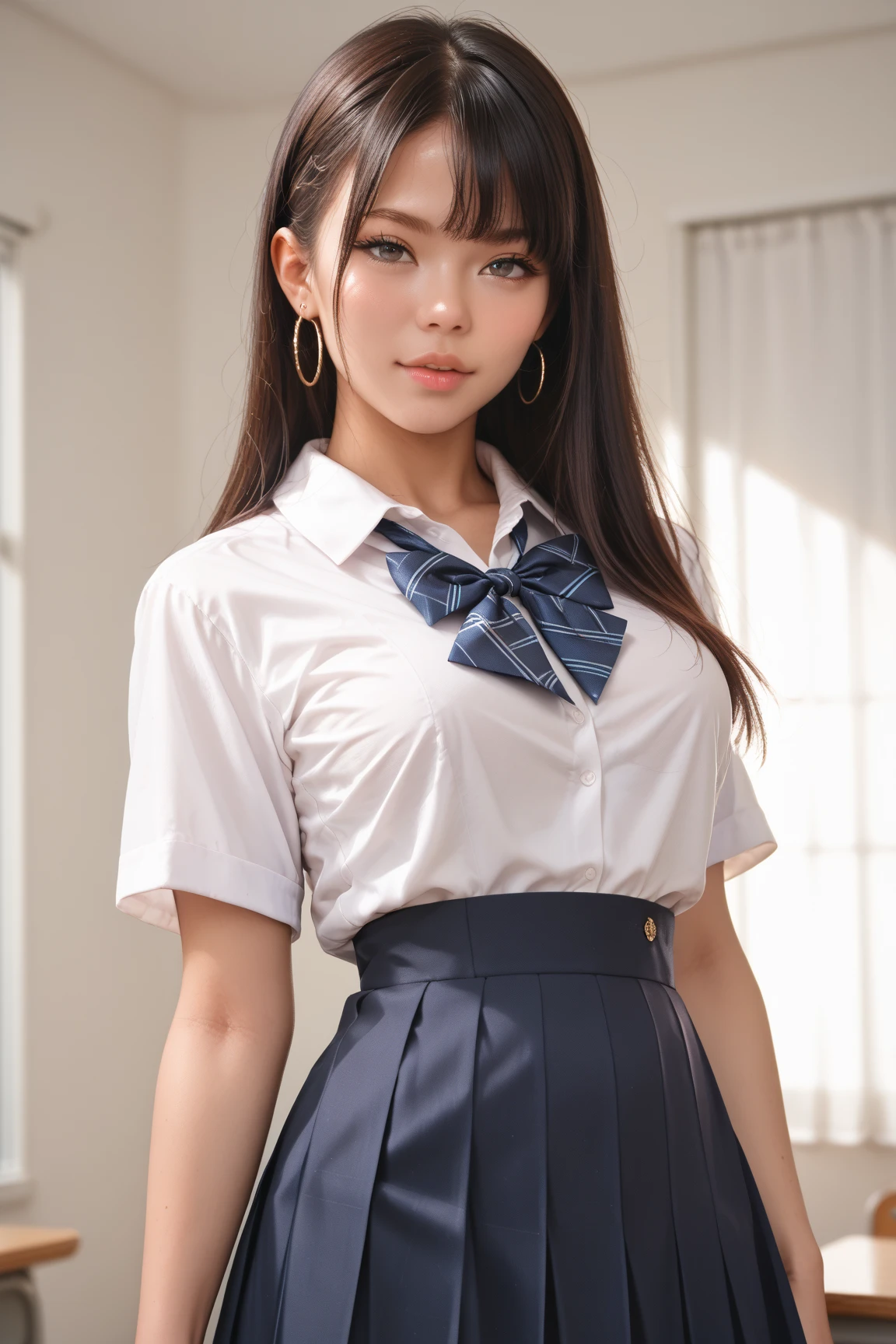(masterpiece, highest quality:1.2), 8k, 15 years, 85mm, Official Art, RAW Photos, Absurd、((small, Vacant Japanese-style room:1.4))、Pretty face, close, ((Cowboy Shot:1.4))、Beautiful girl with straight medium long hair,(((Schoolgirl uniform 1.4)))、(((White short sleeve low cut button front shirt、Dark blue ribbon)))、((Ultra micro mini dark blue pleated skirt)) Squeeze the waist, Thighs, Short sleeve, Model pose、View your audience, No makeup, (smile:0.4), Film Grain, chromatic aberration, Sharp focus, Face Light, Bright lighting, Teen, Detailed face, Bokeh Background,