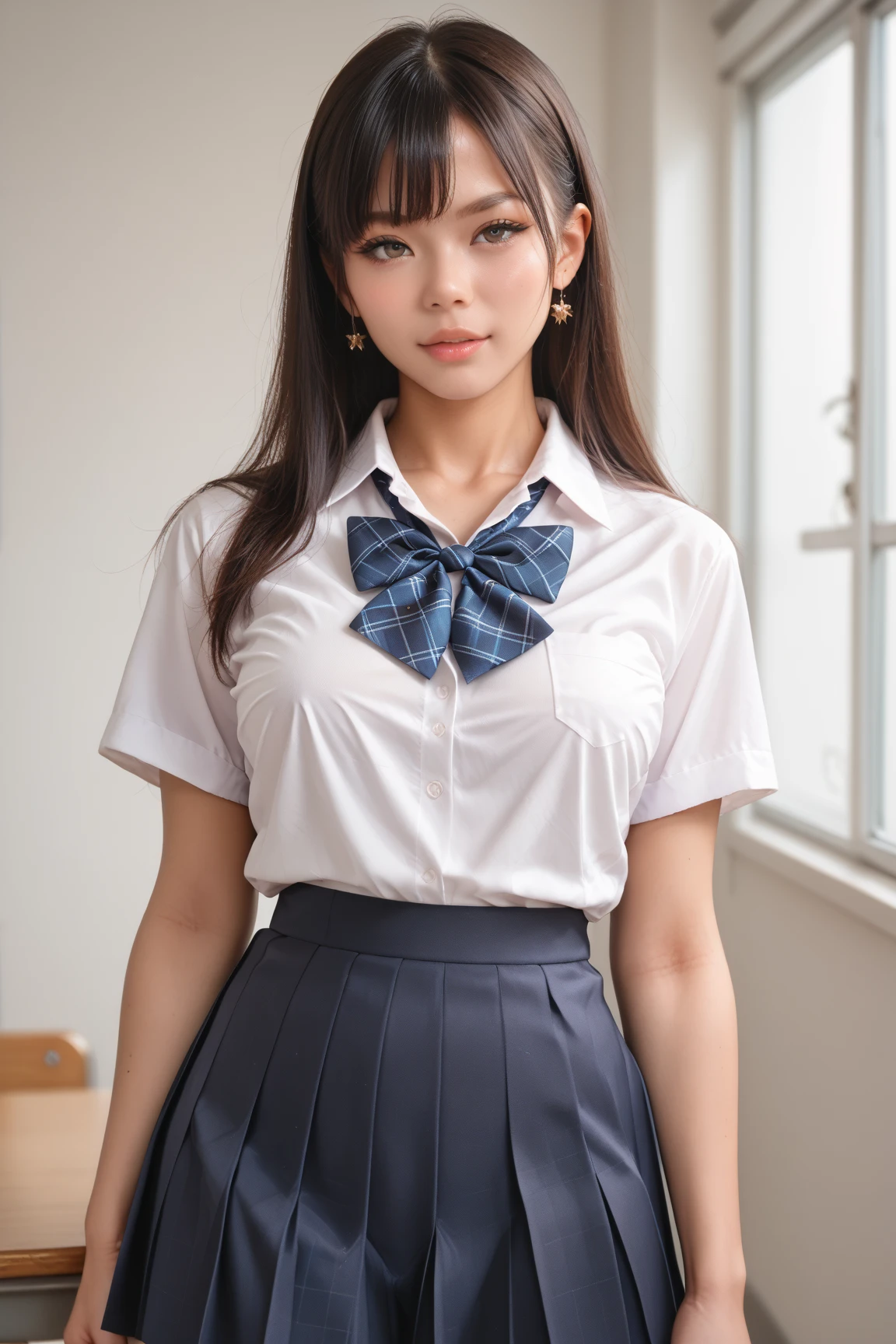 head frame, center image, 8K resolution, high detail, detailed hairstyle, detailed face, great cinematic lighting, octane rendering, lively, surreal, perfect limbs, perfect anatomy,masterpiece, selfie shot, Front view, Young and beautiful Japan woman, big smile, school classroom, gorgeous appearance, Wearing a short-sleeved shirt with a white collar、Wearing a plain shiny blue satin bow tie。。, She is wearing a blue tartan plaid miniskirt., Wearing short white socks, wearing black leather shoes, absolutely beautiful face, glossy lips, double eyelids in both eyes, natural makeup, long eyelashes, Shiny and smooth light brown medium hair, asymmetrical bangs, tanned skin, alone in the classroom, Textbooks and notebooks on the desk,