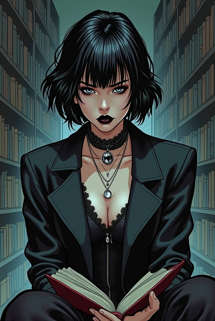 [comic book style] [thick lines] [GTA style drawing] [desenhado]  27-year-old female, glasses with black and round frame,  black eyes, short and dark hair,  cut asymmetrically , with straight fringe that covers part of the eyes. Pale skin and eye makeup with marked eyeliner and dark lipstick, contrasting with her always serene and distant expression. Her clothes mix elegant tailoring with theatrical elements: long coats, metallic fabrics and silver accessories, corpo todo, closed body with no neckline,  sitting in a library ,  reading a book, very large and heavy dark circles, face of extreme tiredness and expression of discouragement, Face similar to that of Lady Gaga