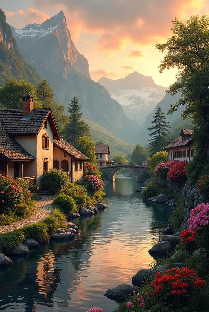 A small village by the river, mountains in the background, colorful flowers, detailed landscape style, beautiful natural scenery, atmospheric lighting,  scorching sunset ,  warm colors, practical, photographic, detailed foliage, complex buildings , cobblestone street, charming country house, vibrant colors, lush vegetation, reflections in the water, pitoresco, idyllic, work of art, Best Quality, 8k, A realistic nude woman