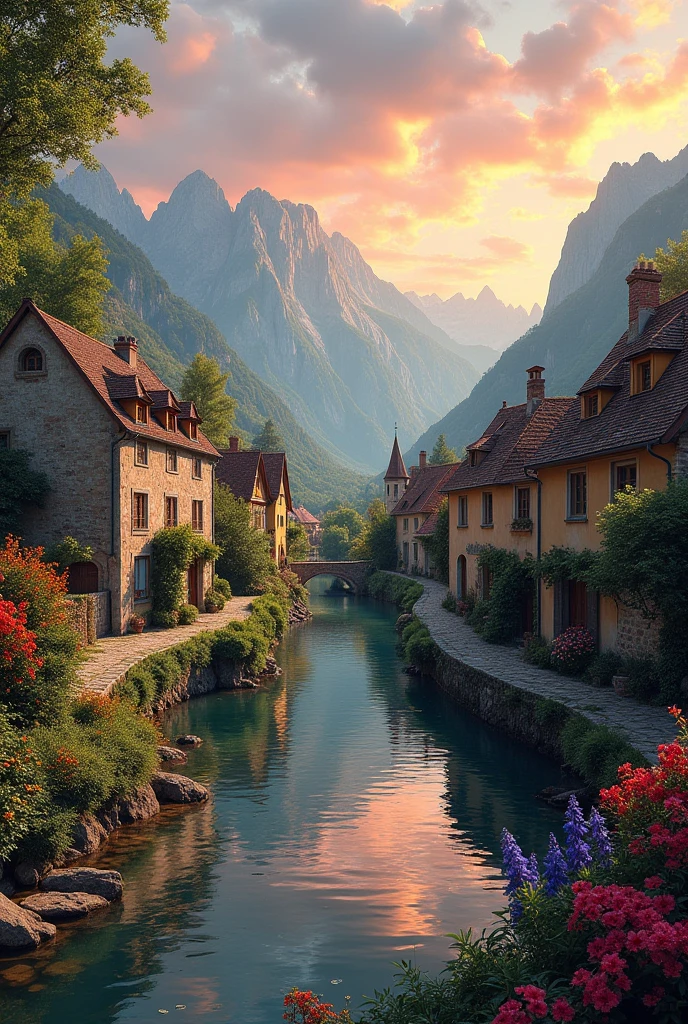 A small village by the river, mountains in the background, colorful flowers, detailed landscape style, beautiful natural scenery, atmospheric lighting,  scorching sunset ,  warm colors, practical, photographic, detailed foliage, complex buildings , cobblestone street, charming country house, vibrant colors, lush vegetation, reflections in the water, pitoresco, idyllic, work of art, Best Quality, 8k, A realistic nude woman
