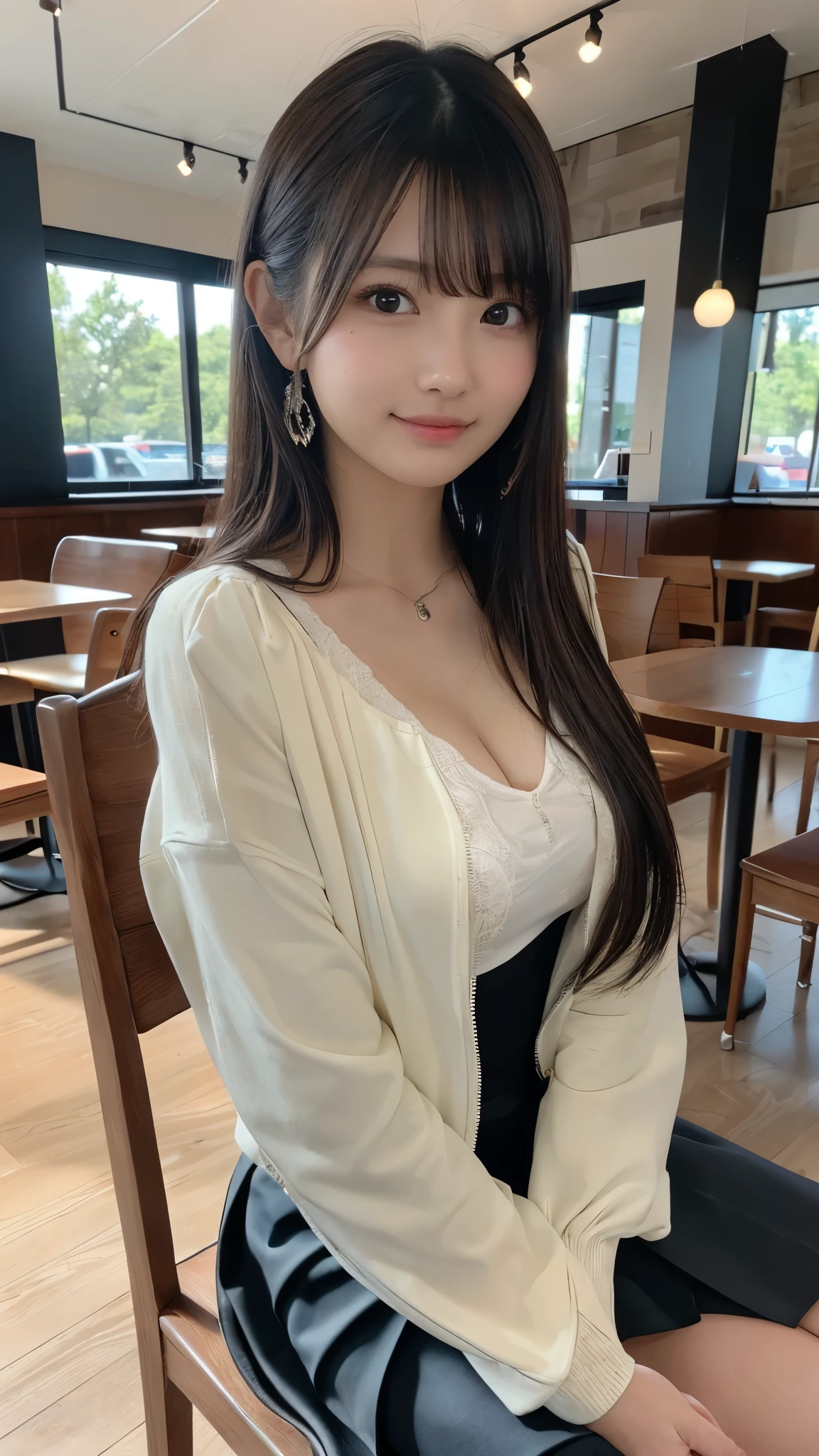 (((Best Quality, 8K, Masterpiece: 1.3,)), high-definition facial features, delicate facial feature, 1girl, Slim Abs Beauty: 1.3, ((long hair, natural hair, Big Breasts: 1.3)), ((((wearing causal attire with jacket)))), Fine Face, (((Delicate Eyes))), Double Eyelids, Smile, looking at the viewer, (full body 1.5), (((inside a cafe sitting))), ((((natural background)))), ((taking a coffee))