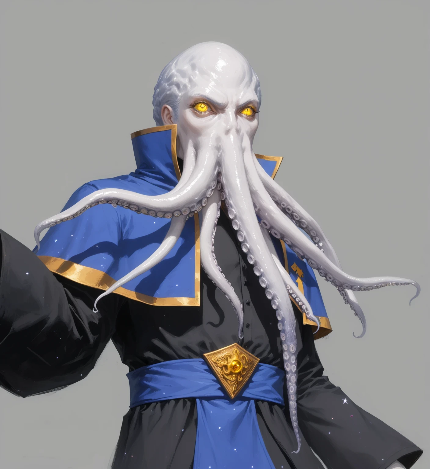 A Lovecraftian Cthulhu-style game character concept design of a humanoid octopus mage, (eldritch horror aesthetic:1.5), (cosmic horror elements:1.4), (pale white octopus head with writhing tentacles:1.5), (multiple facial tentacles with suction cups:1.4), (otherworldly glowing yellow eyes:1.4), (ancient grimoire-inspired dark robes:1.4), (royal blue and gold cultist tabard:1.3), (pale inhuman hands with webbing between fingers:1.3), (tentacle-like appendages emerging from sleeves:1.3), (bare blue feet with subtle scales:1.2), (mystical forbidden magic pose:1.3), standing pose against misty gray background, (professional concept art quality:1.5), (character design for dark fantasy game:1.4), high contrast with eerie lighting, (R'lyeh architecture elements in background:1.2), (non-Euclidean geometry hints:1.2), (Mind Flayer meets Cthulhu priest:1.4), full body view, (deep sea color palette:1.3), (madness-inducing details:1.2)