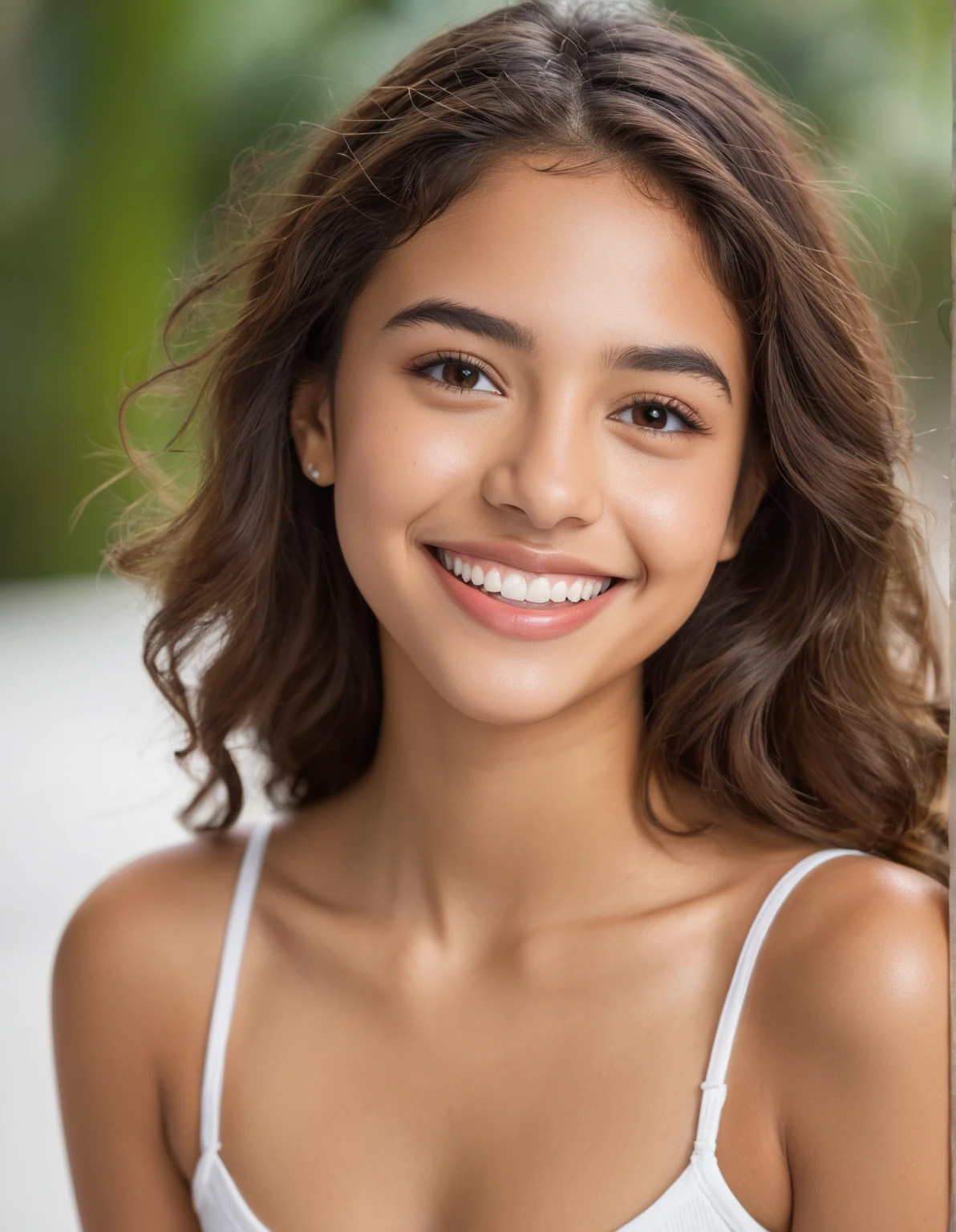 (portrait, editorial photograph) (beautiful black girl), adorable face, long brown curly hair, hazel eyes, by lee jeffries, nikon d850, film stock photograph ,4 kodak portra 400 ,camera f1.6 lens ,rich colors ,hyper realistic ,lifelike texture, dramatic lighting, (highly detailed face:1.4), perfect eyes, realistic iris, perfect teeth, (smile:0.7), (background dark, shadow of the leaves, moody, cleavage), sun rising, early morning light, Wishing for something, masterpiece, best quality, photorealistic, Citizen of Guinea-Bissau, very cute super model, perfect anatomy, skinny, ((1 girl)), (colorful reflections in the eye), (nudist), (smiling, white teeth), small nipples