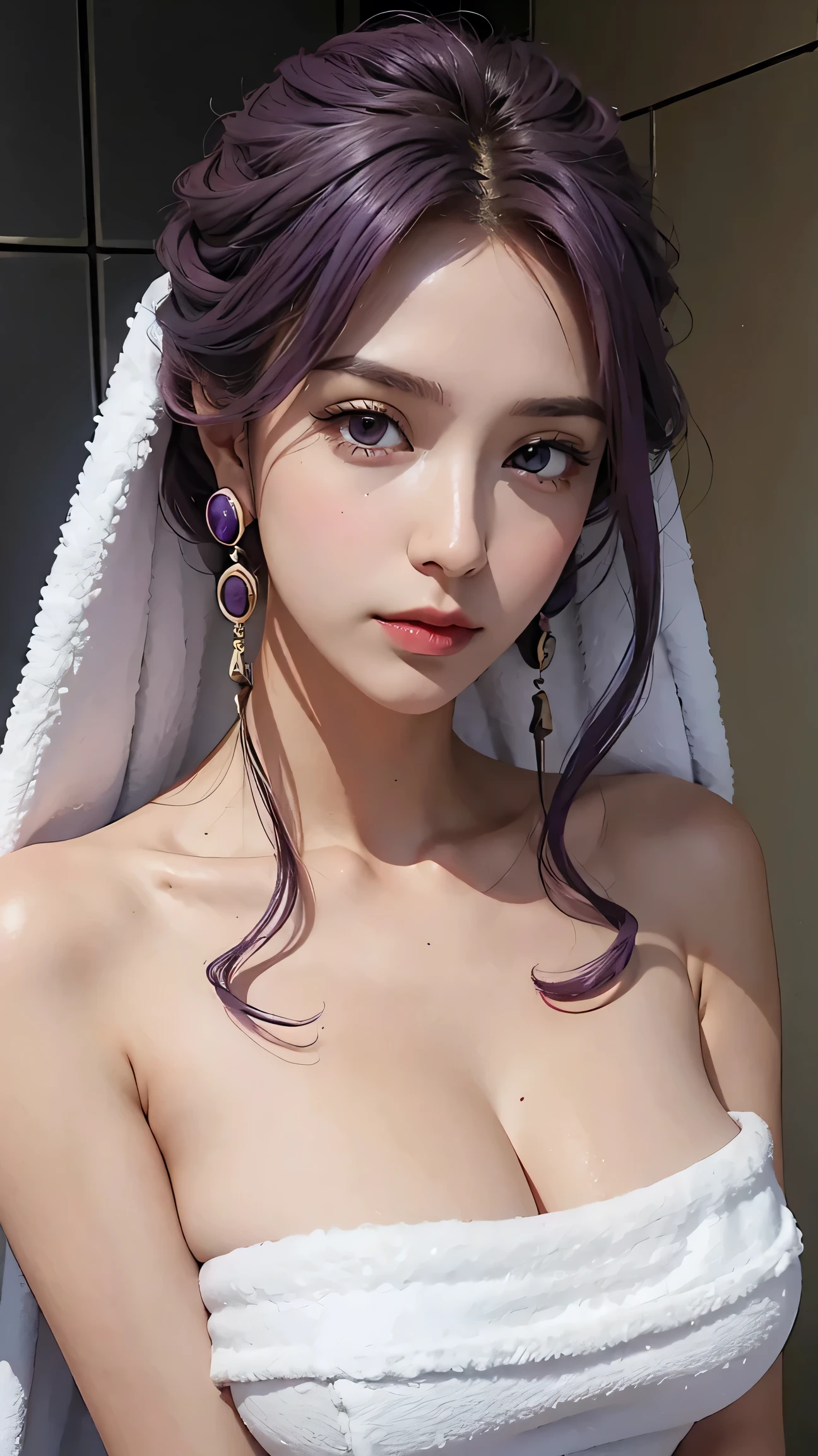 Mirellia_Q_Melromarc, perfect_breasts, purple_hair, purple_eyes, jewelry, earrings, beauty, beautiful woman, perfect body, perfect breasts, using a towel, towel, white towel, in the bathroom, bathtub, shower, looking at the viewer , realism, slight smile, masterpiece, leather textured, super detailed, high detail, high quality, best quality, 1080p, 16k