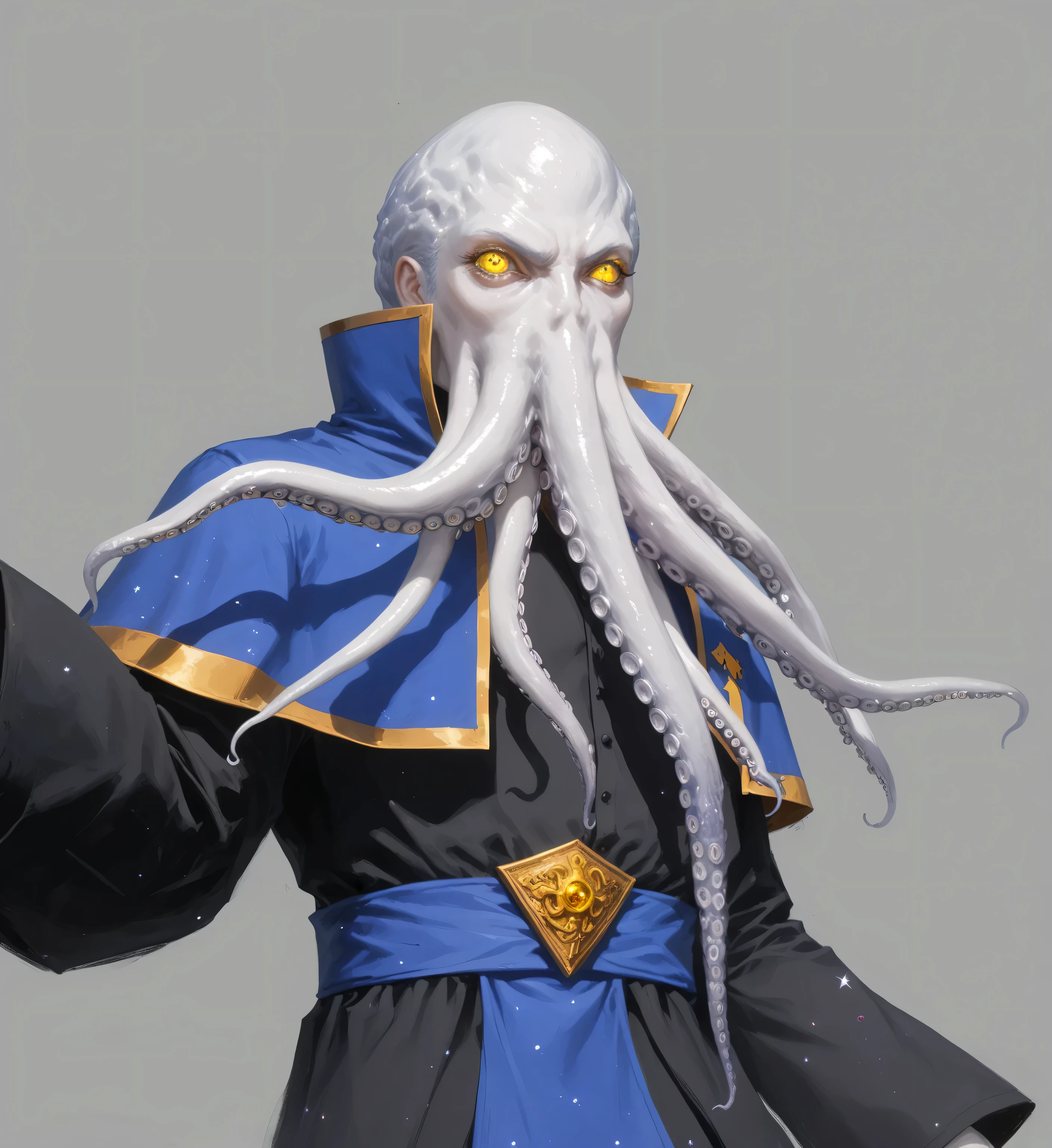 A Lovecraftian Cthulhu-style game character concept design of a humanoid octopus mage, (eldritch horror aesthetic:1.5), (cosmic horror elements:1.4), (pale white octopus head with writhing tentacles:1.5), (multiple facial tentacles with suction cups:1.4), (otherworldly glowing yellow eyes:1.4), (ancient grimoire-inspired dark robes:1.4), (royal blue and gold cultist tabard:1.3), (pale inhuman hands with webbing between fingers:1.3), (tentacle-like appendages emerging from sleeves:1.3), (bare blue feet with subtle scales:1.2), (mystical forbidden magic pose:1.3), standing pose against misty gray background, (professional concept art quality:1.5), (character design for dark fantasy game:1.4), high contrast with eerie lighting, (R'lyeh architecture elements in background:1.2), (non-Euclidean geometry hints:1.2), (Mind Flayer meets Cthulhu priest:1.4), full body view, (deep sea color palette:1.3), (madness-inducing details:1.2)