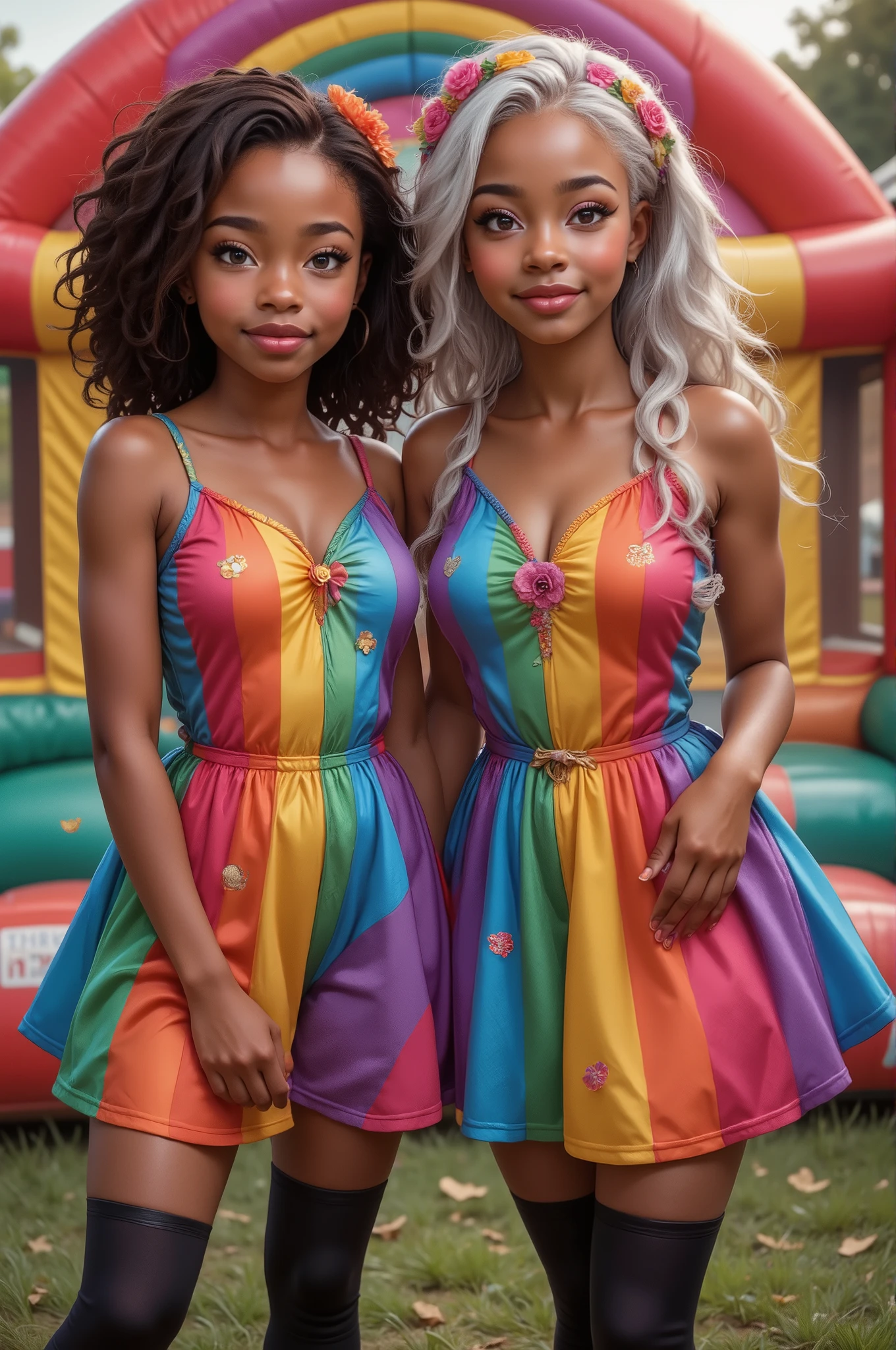 Two young best friend are posing in colorful fantasy-themed birthday outfits. They are both wearing matching rainbow-striped dresses paired with black leggings. One person a little shorter in height and is dark brown skin tone and has short, dark curly hair, she also has light brown eyes adorned with a floral headband, while the other person is a little taller in height and is light brown skinned tone and she has long, wavy white silver hair, she has silver grey eyes and also decorated with a floral headband. They stand in front of a vibrant, multicolored bouncy house backdrop that suggests an imaginative and playful environment. The atmosphere is lively and whimsical.