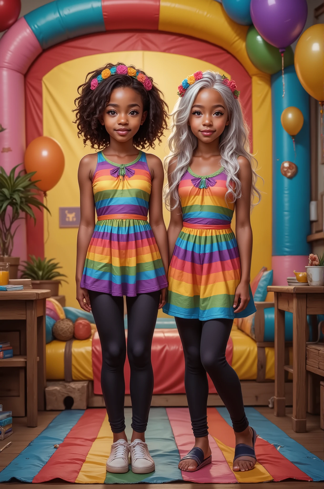 Two young best friend are posing in colorful fantasy-themed birthday outfits. They are both wearing matching rainbow-striped dresses paired with black leggings. One person a little shorter in height and is dark brown skin tone and has short, dark curly hair, she also has light brown eyes adorned with a floral headband, while the other person is a little taller in height and is light brown skinned tone and she has long, wavy white silver hair, she has silver grey eyes and also decorated with a floral headband. They stand in front of a vibrant, multicolored bouncy house backdrop that suggests an imaginative and playful environment. The atmosphere is lively and whimsical.