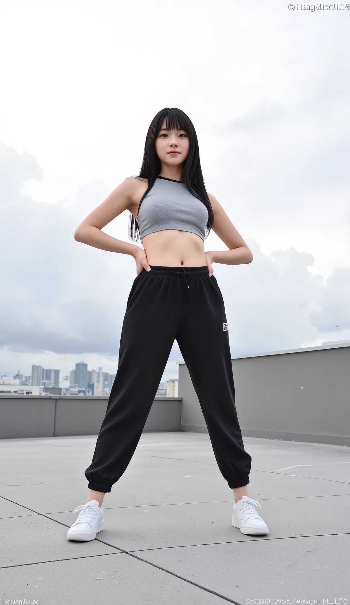 ((Best quality, 8k, Masterpiece :1.3)), Fashion photography, A tall and pretty woman, Perfect figure :1.4, Slender abs, Dark brown hair, Big breasts, Crop top covered by open hoodie, Pants, Sneakers, Graffiti art on wall, Highly detailed face and skin texture, Detailed eyes, Double eyelid