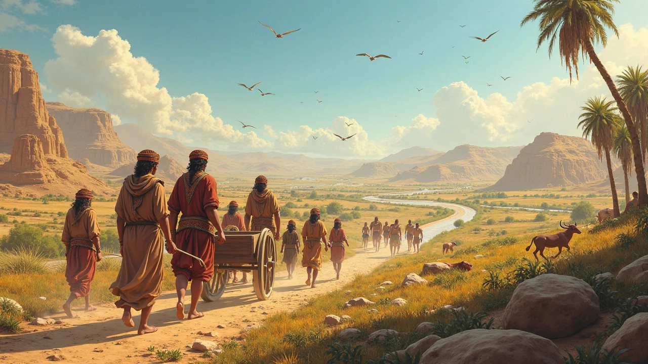 Men and women walking down into the valley of Shinar, passing livestock and pulling wooden carts. A rich field of barley and date trees ahead, with streams winding through. ren run beside adults, all wearing Babylonian head coverings and sandals. Birds fly above under clear blue skies.