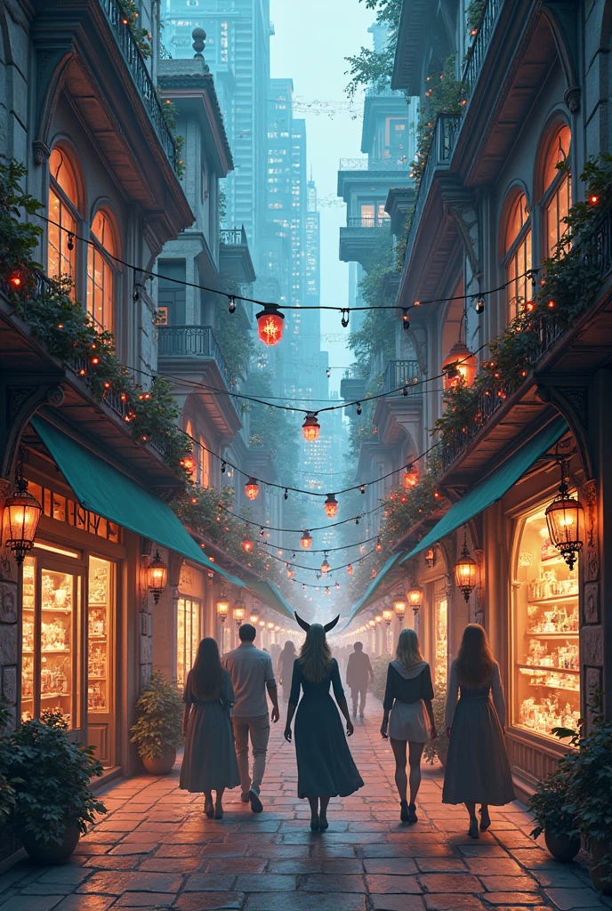 Make an modern type enchanted store area where there is a store for vampire, witch, fairy and other creatures