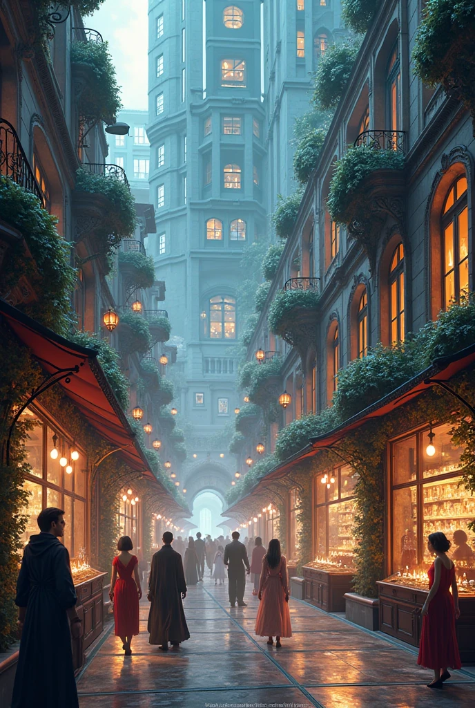 Make an modern type enchanted store area where there is a store for vampire, witch, fairy and other creatures