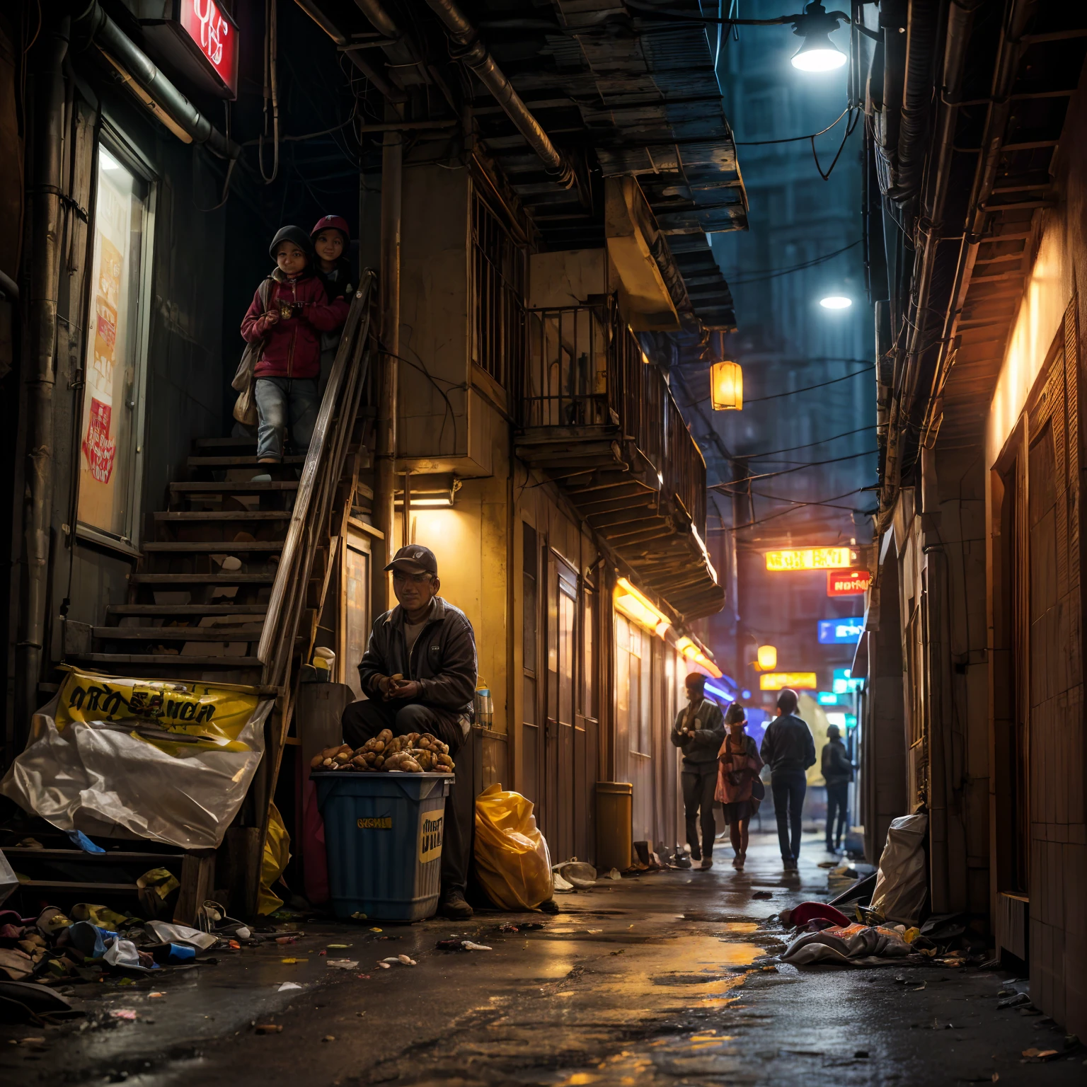 (( masterpiece 、 top quality 、 Official Art 、 Unity 8  ｋ wallpaper))、 (((workers on the way home from work、standing bar that stands out:1.6、Poor girl 、Detailed Faces、smile)))、( Unsanitary Poverty Alley、  poor environment、Dim Shopping Mall、People Eating and Drinking、On-the-road sales、 rusty vending machine、 Showa Retro:1.2)、(dirty、Bulky trash、Stairs to the basement、Mysterious Underpass )