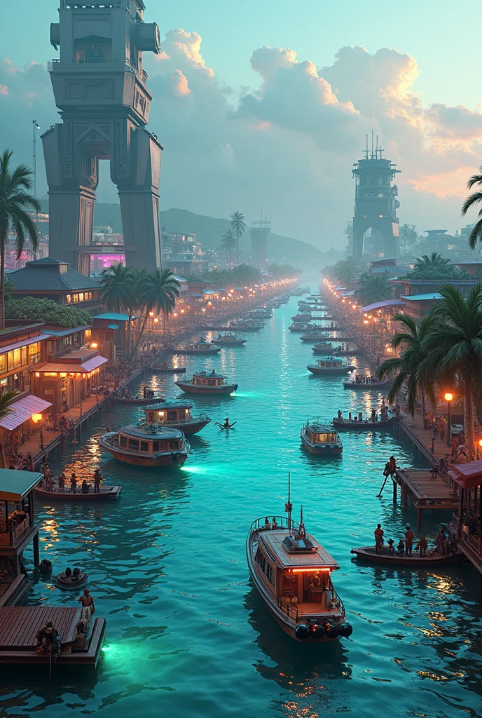 Wide ariel view of a Cuban futuristic village with glowing neon docks sleek fishing boats and distant mechanical towers 