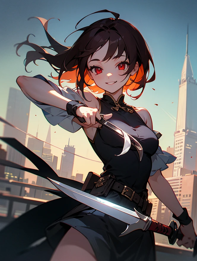 (detailed), 1 girl,,red eyes, dark hair,Two daggers,bright smile,pretty appearance,, cityscape ,girl,cute