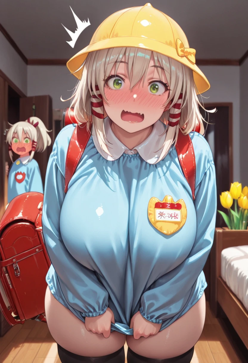 detailed clothing, depth of field, sharp, high contrast, dynamic light, ((Cinematic)), masterpiece, best quality, amazing quality, uka, light beige hair, green eyes, ponytail, long hair, plump, (kindergarten uniform, smock, blue shirt), school hat, yellow tulip hat, name tag, red randoseru, indoors, bedroom, surprised, embarrassed, full-face blush, wavy mouth, open mouth, looking at viewer, ((skindentation)) huge breast,