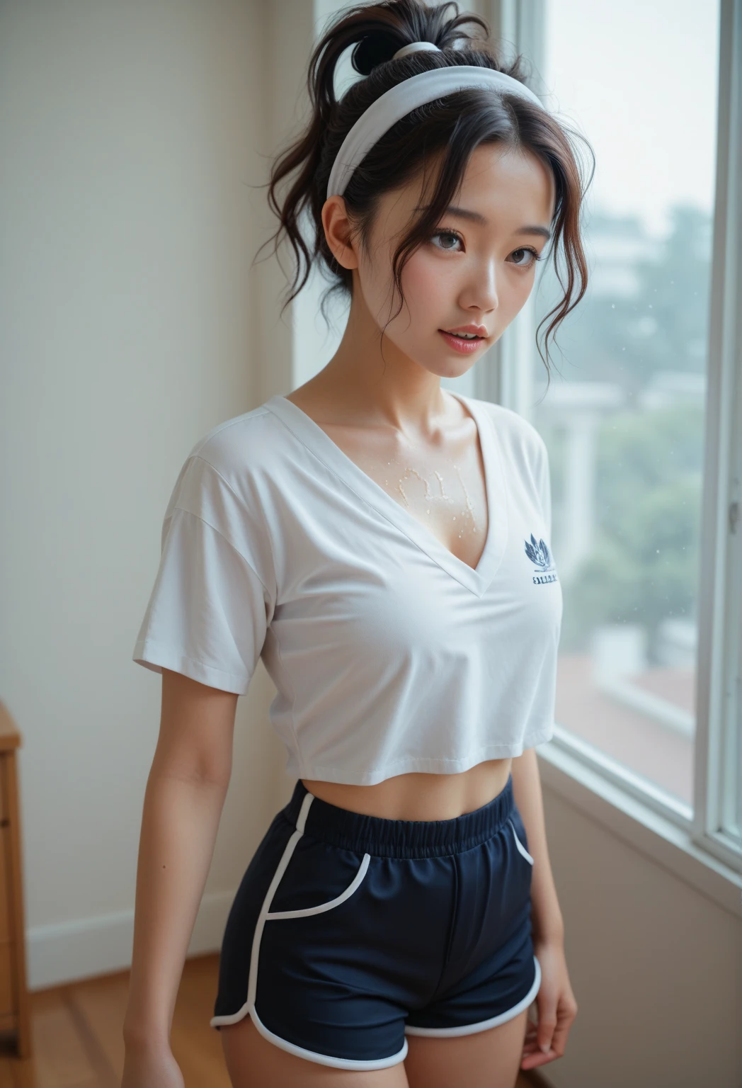 （8k、highest quality、highest quality、masterpiece、ultra high resolution、big 、carefully crafted face、beautiful fingers、beautiful hands、skin texture），whole body、ponytail、tied hair、alone、beautiful double eyelids、smile、 (tight white t-shirt)、(wearing dark blue tight shorts)、(woman)、(standing naturally)