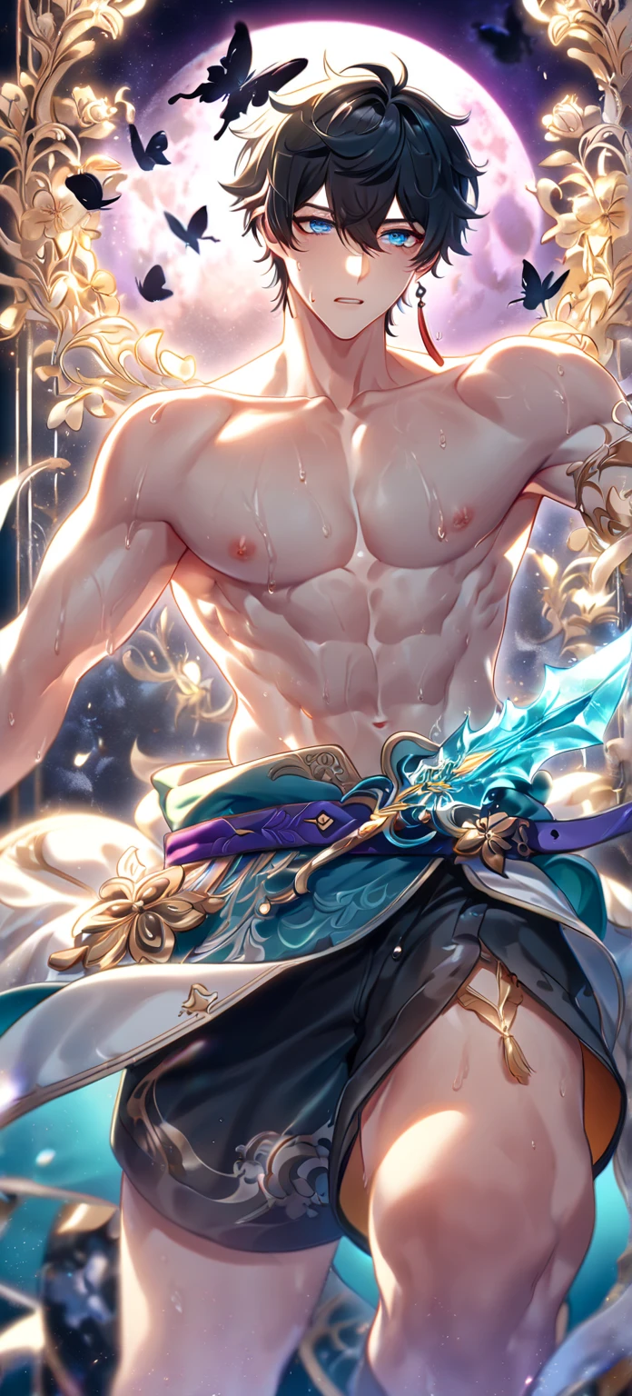 (Masterpiece, Best quality), Man, Wear miniature thongs (((Pattern_designs_thongs_perspire_massive pec_Get wet all over your body))) , Bio-luminescence_water_world, wide angles, atheletic body, (((Male))), Shiny_skin, musculature,eyes orange,Nail shape, determined expression, Small waist, broad chest, large mane, Muscular , illustration, watercolor ink sketch,((large bulge)),(Big eggs),Japanese radish,Split legs,squatt,Glans,((Crotch propped up)),((Thick body hair)),(Top-down view),Rounded buttocks,((((Clothes are soaked)))),Hard,(There is a lot of white liquid on the body),Sleep naked,Hands naturally lowered,((Extremely detailed, extremely detailed legs, extremely detailed arms, Extremely detailed face, Perfect Detailed Eyes, perfectly detailed anatomy)),((Male genitalia)), 4K.((Rub the edges))