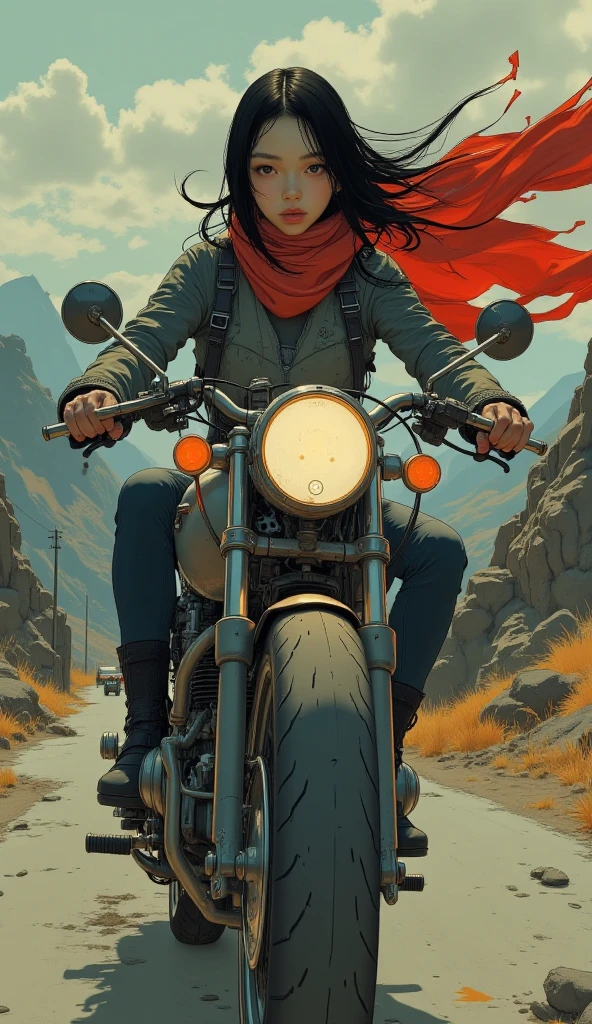 赤いマフラーの日本人女性ライダーがバイクでWhile driving, While driving、catching the wind with open arms、A Japanese female rider with a fluttering muffler and long hair, Dave Dorman inspired, Inspired by Frank Miller,  Frank Miller Style , inspired by Mike Deodart,  Chris Bacharo , ,  motorcycle concept art , style, Tsutomu Nihei style