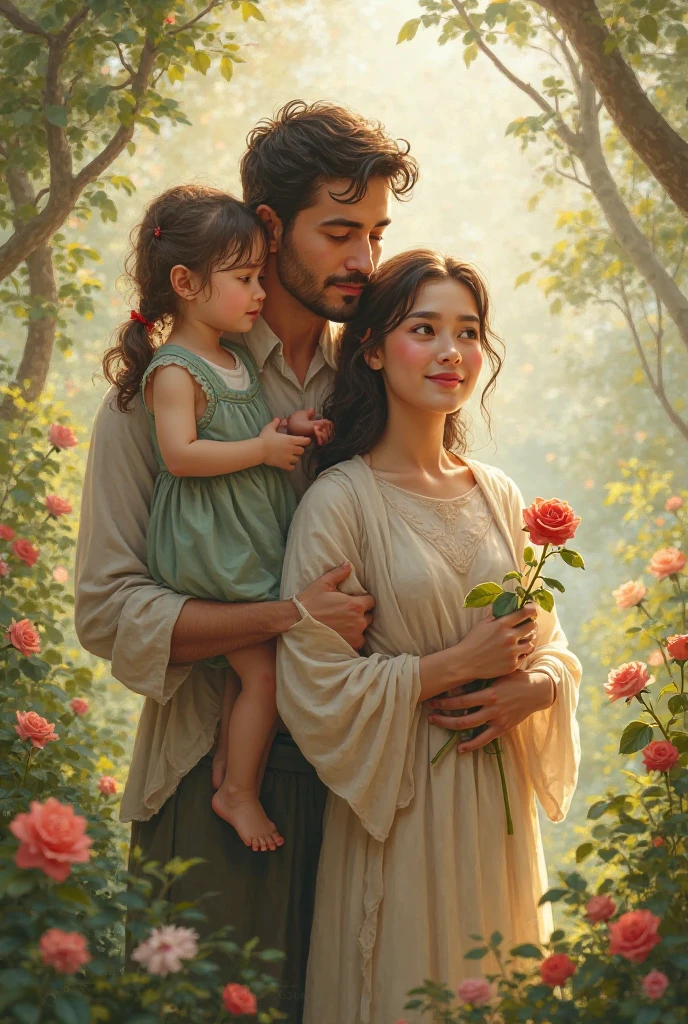 A religious, gentle and slim girl who smiles around nature and has a rose in her hand. Her husband loves her shoulder while holding their little daughter wearing a half-colored dress