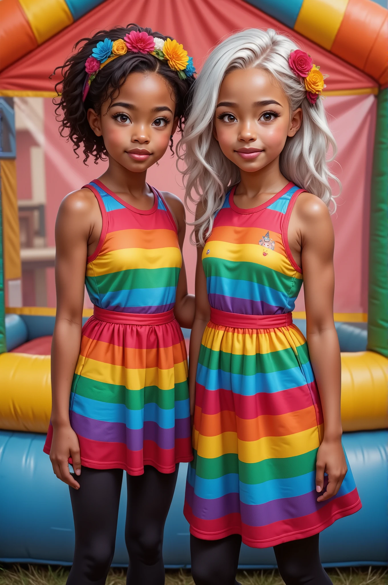Two young best friend are posing in colorful fantasy-themed birthday outfits. They are both wearing matching rainbow-striped dresses paired with black leggings. One person a little shorter in height and is dark brown skin tone and has short, dark curly hair, she also has light brown eyes adorned with a floral headband, while the other person is a little taller in height and is light brown skinned tone and she has long, wavy white silver hair, she has silver grey eyes and also decorated with a floral headband. They stand in front of a vibrant, multicolored bouncy house backdrop that suggests an imaginative and playful environment. The atmosphere is lively and whimsical.