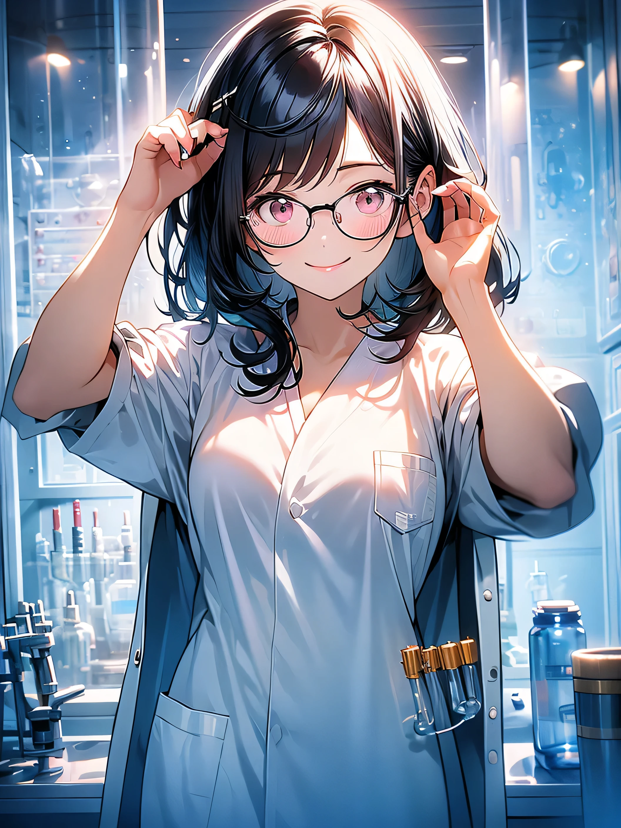 intelligent woman、black hair、white skin、pink lips、Wearing a researcher's white coat、 round rimmed glasses 、white rubber gloves、Chemistry Lab、Test tube、 beaker 、microscope、、Glancing sideways at the viewer、smile