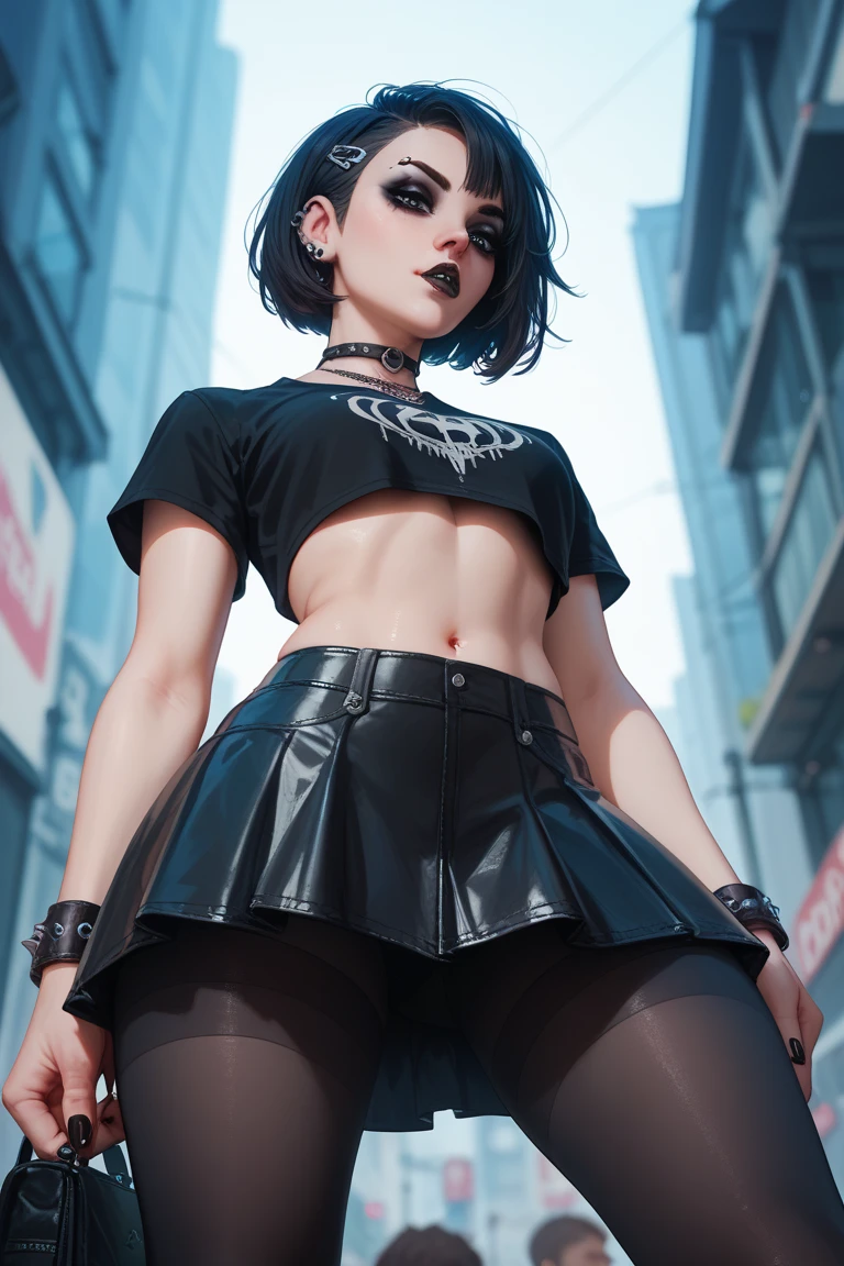 1 male, like a female, goth, short hair, dark makeup, from below, leggings, skirt, crop top 