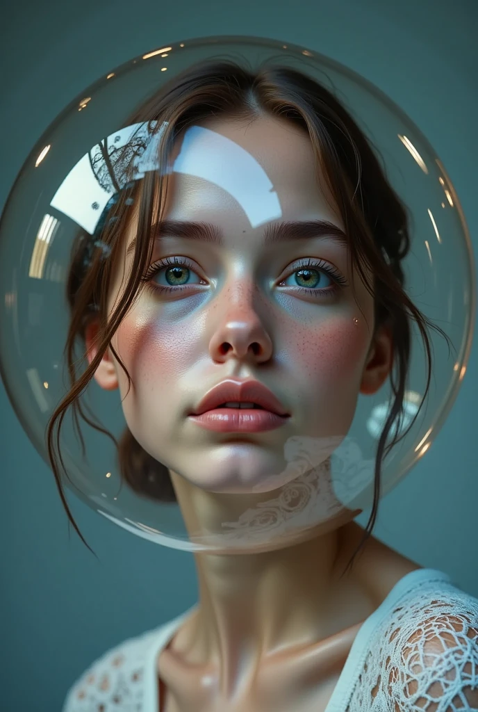 person wearing a clear bubble, social isolation, representation of ASD, portrait, detailed facial expression, posture, face, gaze, detailed portraitdetailed portrait of a person wearing a transparent bubble, social isolation, representation of autism spectrum disorder, portrait, detailed facial expression, body posture, face, intense gaze, 8K, ultra-detailed, photorealistic, HDR, physically-based rendering, vivid colors, cinematic lighting