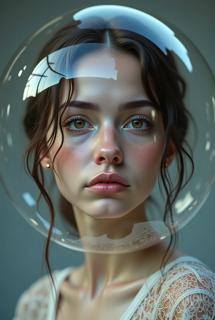person wearing a clear bubble, social isolation, representation of ASD, portrait, detailed facial expression, posture, face, gaze, detailed portraitdetailed portrait of a person wearing a transparent bubble, social isolation, representation of autism spectrum disorder, portrait, detailed facial expression, body posture, face, intense gaze, 8K, ultra-detailed, photorealistic, HDR, physically-based rendering, vivid colors, cinematic lighting