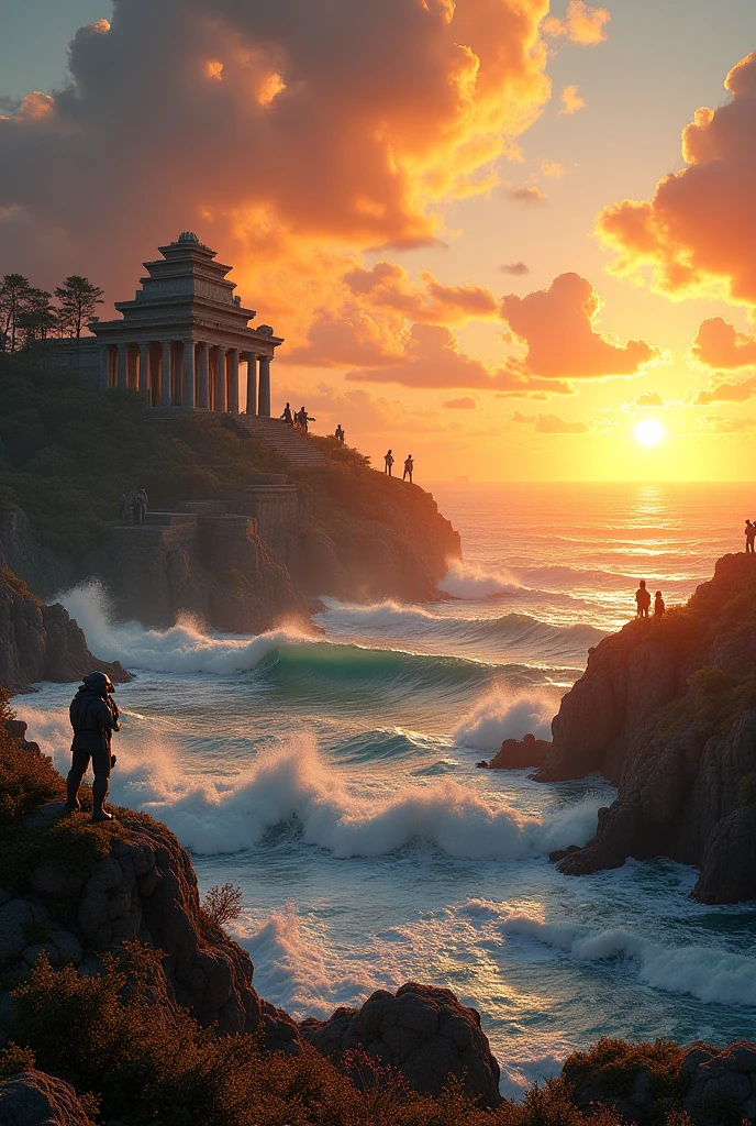 photo with an image of the tide and the name Deusesa coastal landscape scene with rough waves, dramatic sky, a ruined ancient temple in the foreground, surrounding statues of gods, golden sunset light, realistic digital art, 4K, photorealistic, extreme details, vivid colors