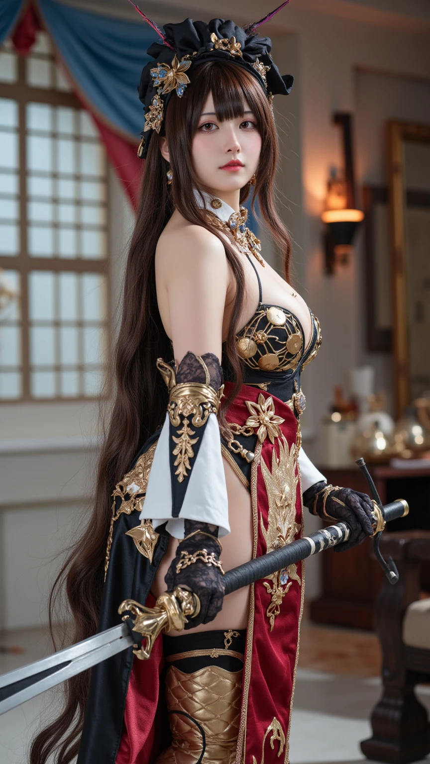 Asuna, Asuna_(star), (One girl,alone) ,Fantasy, High resolution, 19,  original, (Worn as a sheath on the waist:1.3), smile, (White Knight Wizard&#39;s Long Cape:1.55), short hair, Medium chest, View your viewers, bangs ,Fine hazel brown eyes, Beautiful background, ((Morning sun,Western-style private room)), Place your hand on your chest,(Brown Hair,Short Ponytail:1.5), (Platinum Knight Wizard Full Armor:1.55),short hair, Are standing,Straight, Couple,(whole body:1.1), White knee socks,(Couple:1.4),