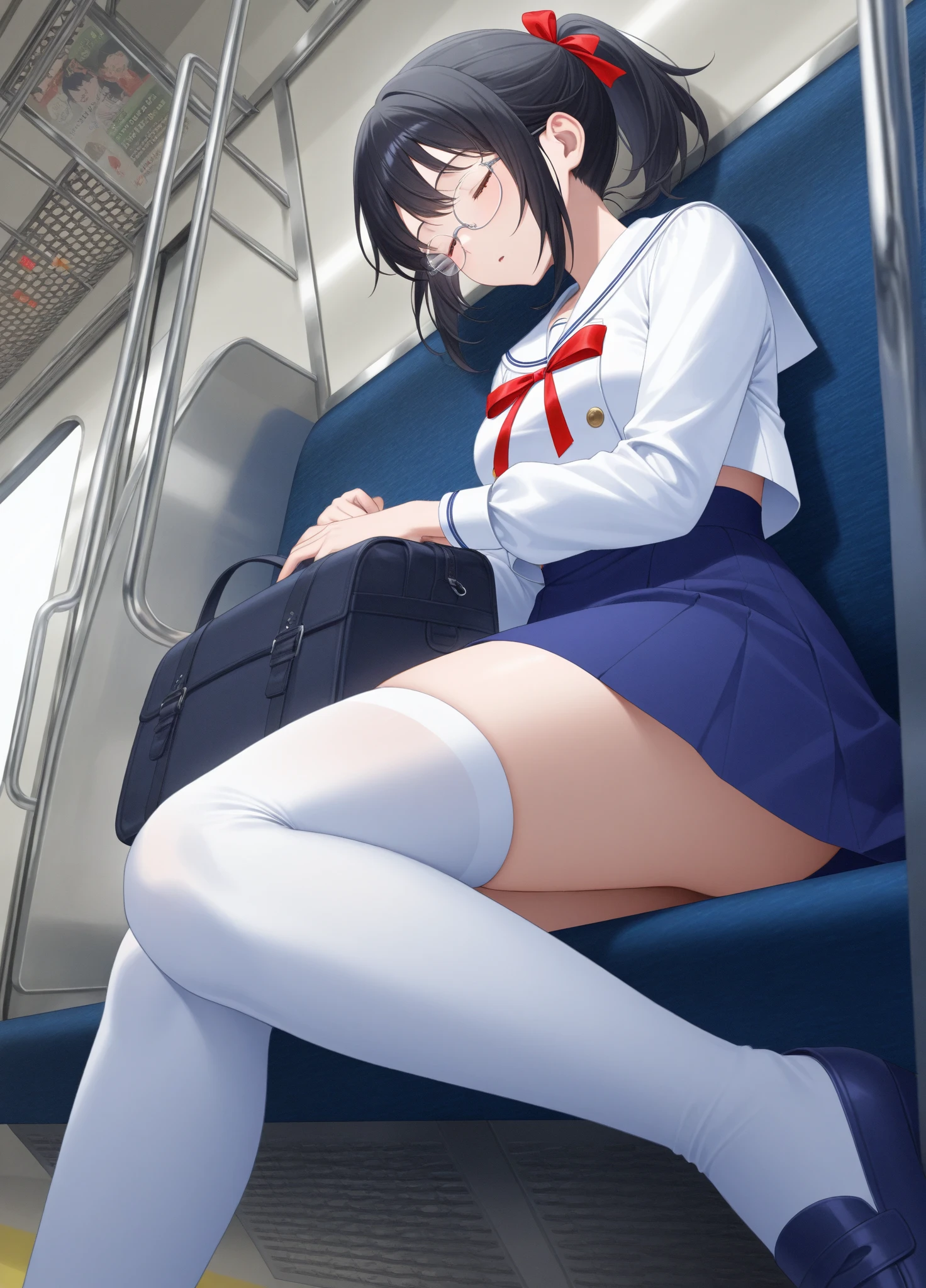 high school girl、Dressed in high 、School classroom、(Big Breasts)、((独奏))、smirk,Cheek resting on hand、Crossing legs