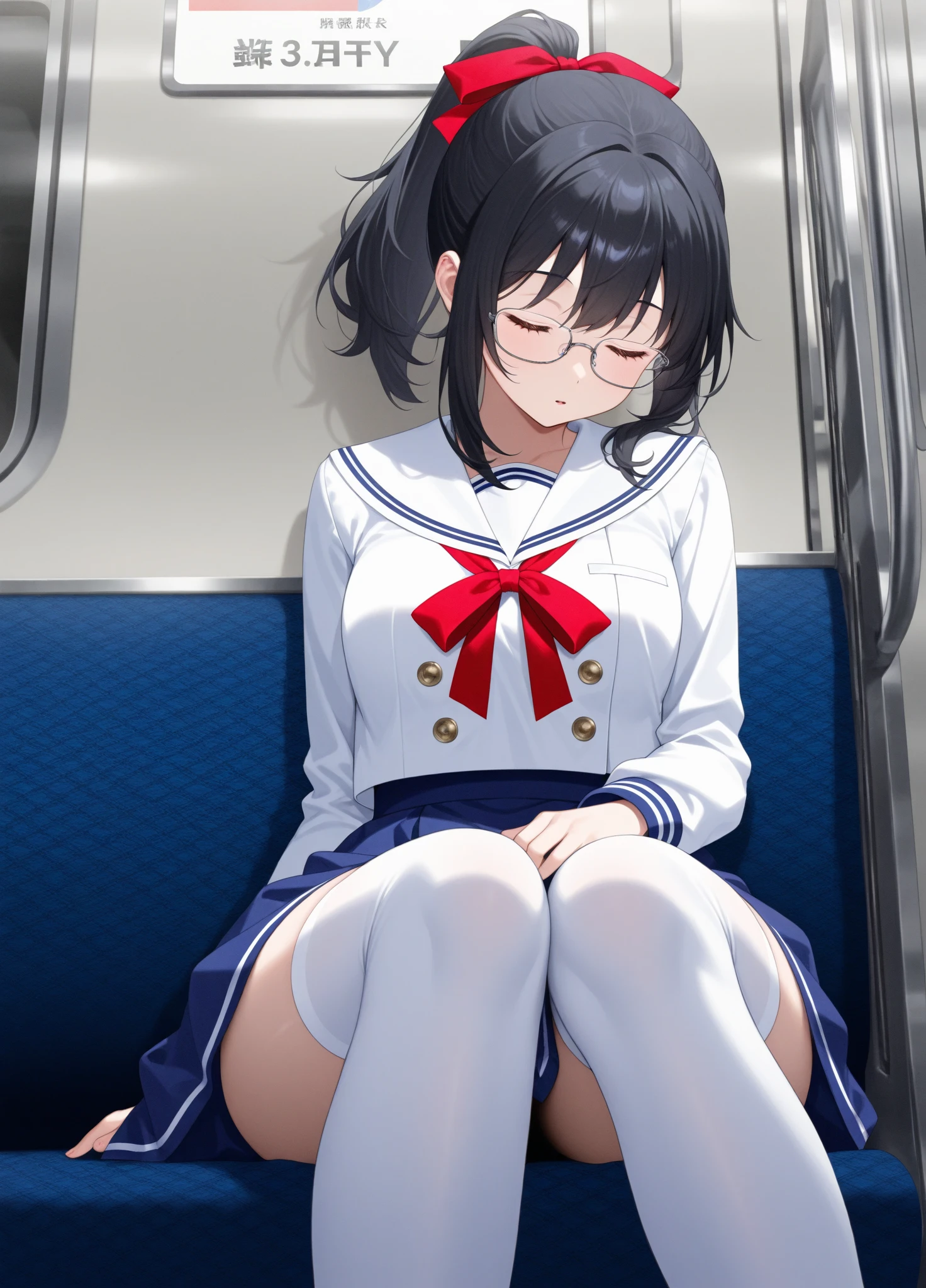 (highest quality), (masterpiece), 1080p, High resolution, 4K, 8k, ((Close ~ eyes)), ((Close your eyelids)), Composition from directly above, Look Up, Sitting on the floor, Reluctant, tears, Woman covered in semen, 顔にWhite sweat, Sweaty, White sweat, White body fluids, Wet Hair, 16 years old, high school student, , Removable, Flat Chest, whole body, Black Hair, Hair Arrangement, White lace panties, White socks, Black leather shoes, Crowded train, 