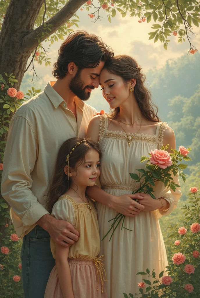A religious, gentle and slim girl who smiles around nature and has a rose in her hand. Her husband loves her shoulder while holding their little daughter wearing a half-colored dress