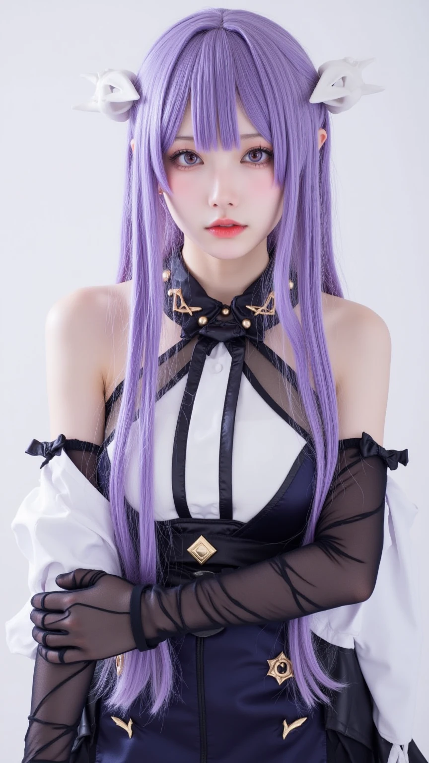 1girl, Frieren, white lingerie, lomg hair, purple hair, realistic, ultra detail, 70mm lens,