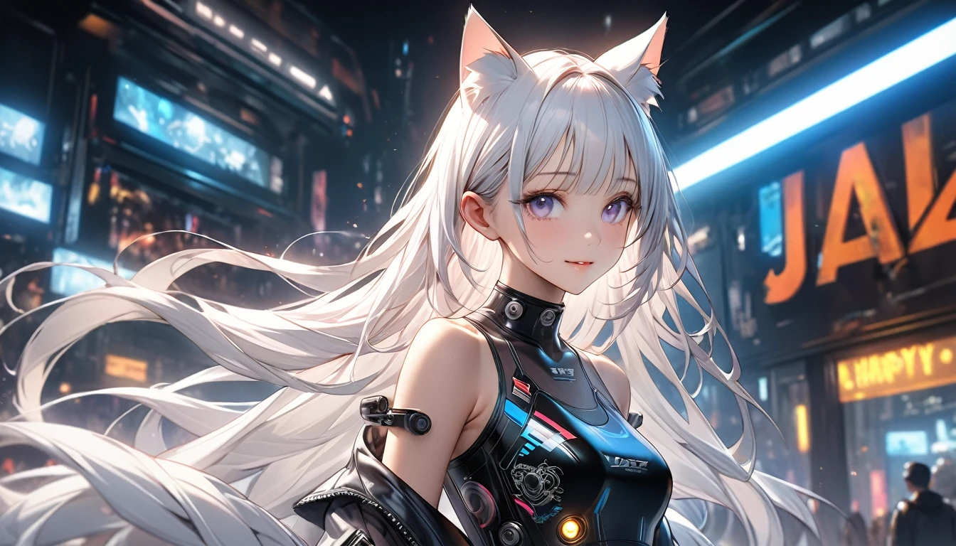 Imaginative、intricate illustration in cyberpunk hyperrealistic art style, A translucent white bust of short hair and (Black cat ears) Ether Machine Girl who came out of a large transparent culture tank, She is wearing beautiful clothes, , fluffy white hair growing from behind cat ears. Brush Blur Effect,( High Quality, high accuracy, 4K, 8k:1.5), Super Detail.Transcendental Technique Paintings,ultra-fine painting,Movie Lighting, sharp concentration,  bright colors, Pro shooting resolution, Award-winning 8k、super detail、最High Quality、Ultra High Resolution、

pretty beautiful girl with long hair、Girl's style（Body type）8 heads　is slender and has delicate, slender proportions like a model、Eyes are slender eyes（strong, beautiful eyes）。
 cute long haired girl,Slender, Skinny, Lean,delicate body、
猫耳ヘッドフォンを着用♪
髪の毛は長く幻想的な色合い、draw with warm light reflection in mind、Flying in the air。
wear high-class top and bottom set clothes with stylish patterns。　

I'm listening to music with my kitten at JAZZBAR where American motorcycles are displayed。
kittens are on the side、seems happy。
draw with warm light reflection in mind、


 motorbike 　low＆long custom American、long front、with thick rear tires、beautiful patterns drawn、