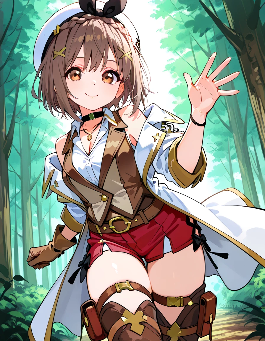 girl, Mouse ears, mouse tail, yellow eyes, brown hair, Adventurer Costume, steal, cute, sexy, camping