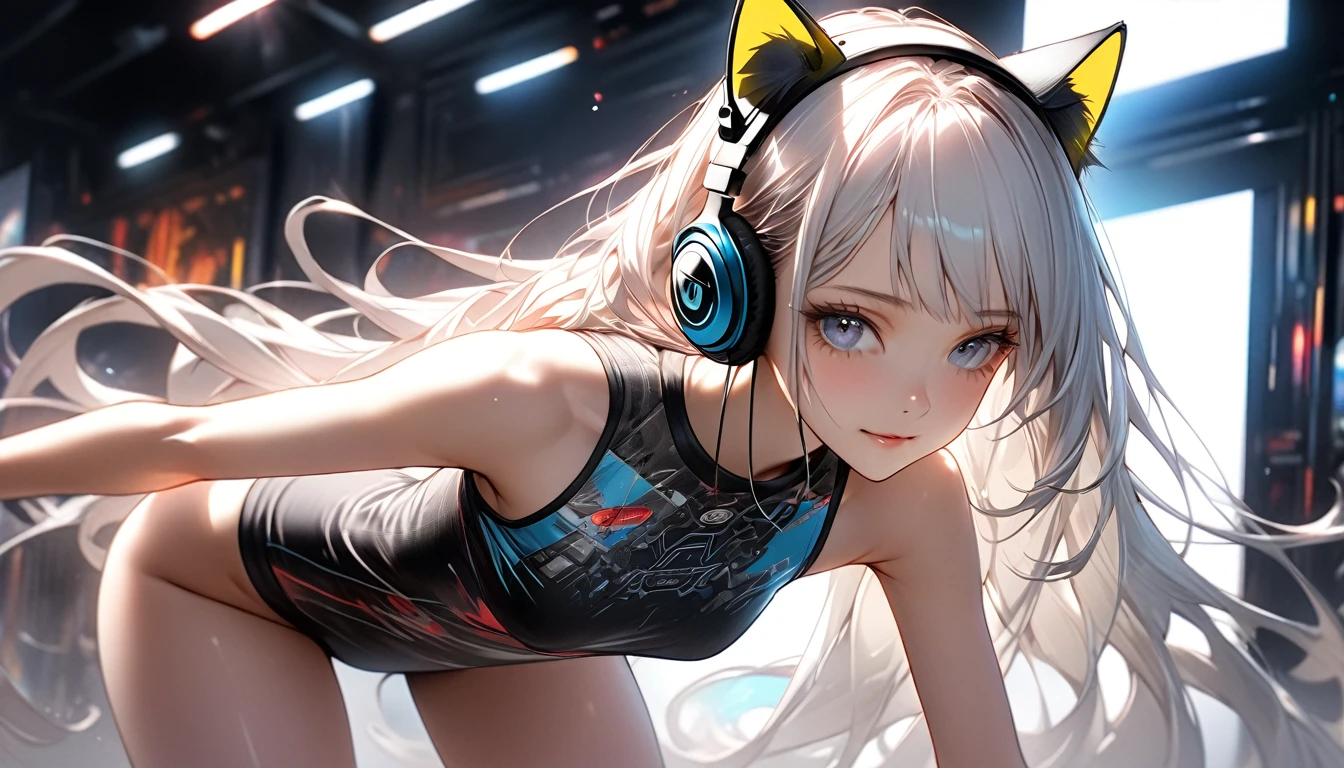 Imaginative、intricate illustration in cyberpunk hyperrealistic art style, girl with long hair,Slender, Skinny, Lean,delicate body、
Wearing cat ear headphones (Black cat ears) Ether Machine Girl who came out of a large transparent culture tank, She is wearing beautiful clothes, , fluffy white hair growing from behind cat ears. Brush Blur Effect,( High Quality, high accuracy, 4K, 8k:1.5), Super Detail.Transcendental Technique Paintings,ultra-fine painting,Movie Lighting, sharp concentration,  bright colors, Pro shooting resolution, Award-winning 8k、super detail、最High Quality、Ultra High Resolution、

pretty beautiful girl with long hair、Girl's style（Body type）8 heads　is slender and has delicate, slender proportions like a model、Eyes are slender eyes（strong, beautiful eyes）。
可愛いgirl with long hair,Slender, Skinny, Lean,delicate body、
Wearing cat ear headphones♪
髪の毛は長く幻想的な色合い、draw with warm light reflection in mind、Flying in the air。
wear high-class top and bottom set clothes with stylish patterns。　

I'm listening to music with my kitten at JAZZBAR where American motorcycles are displayed。
kittens are on the side、seems happy。
draw with warm light reflection in mind、


 motorbike 　low＆long custom American、long front、with thick rear tires、beautiful patterns drawn、