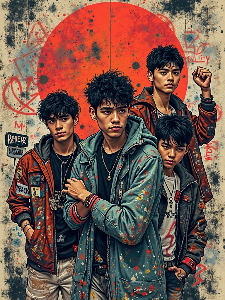 Make a 2D design like the cover of an album that contains graffiti, rock signs, bright colors, bad words and signs of Reveldia 