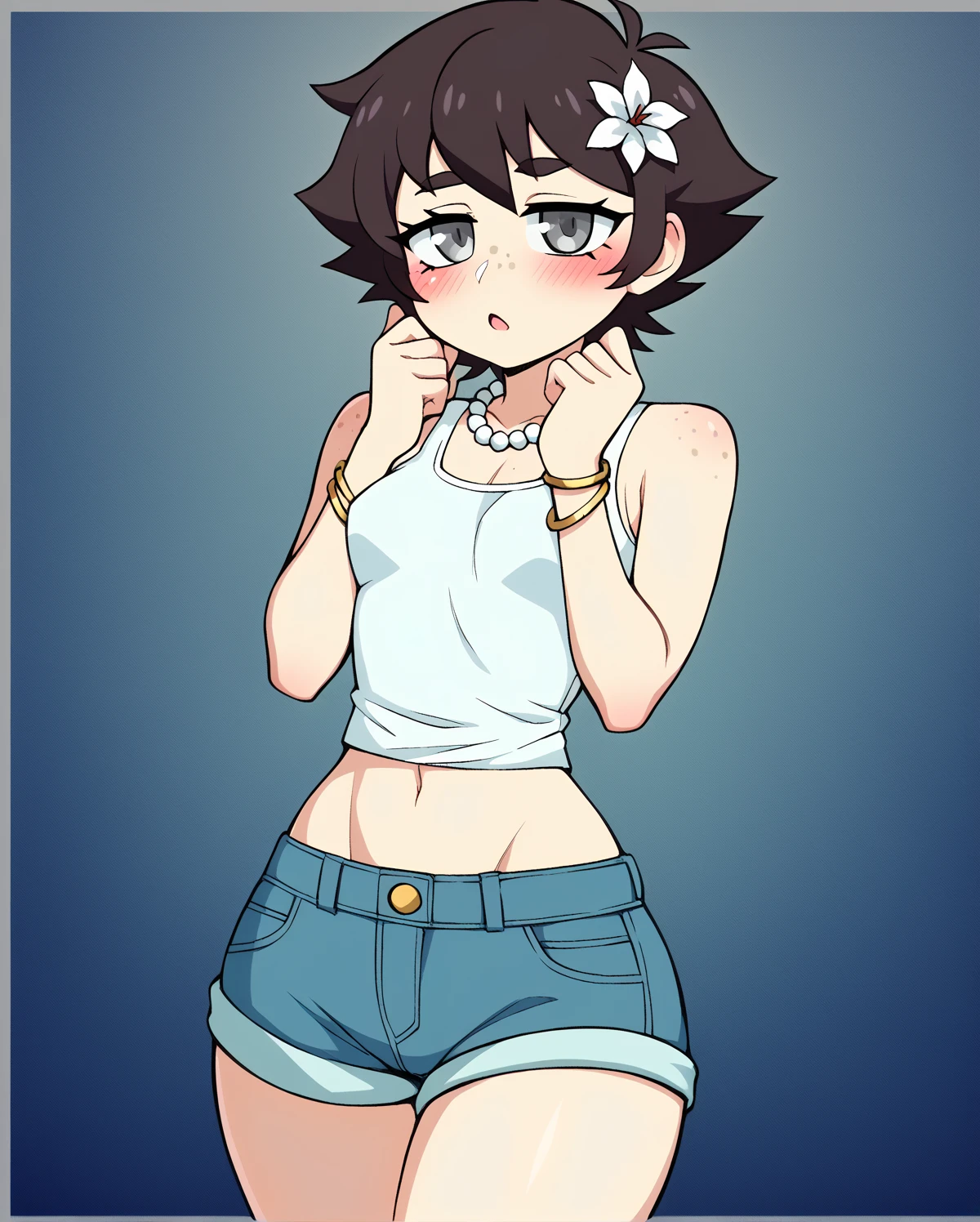 score_8, score_9, dororo black hair, ponytail, choker, black eyes,(completely nude:1.2),niplles,pussy,(flat anime color:1.4),