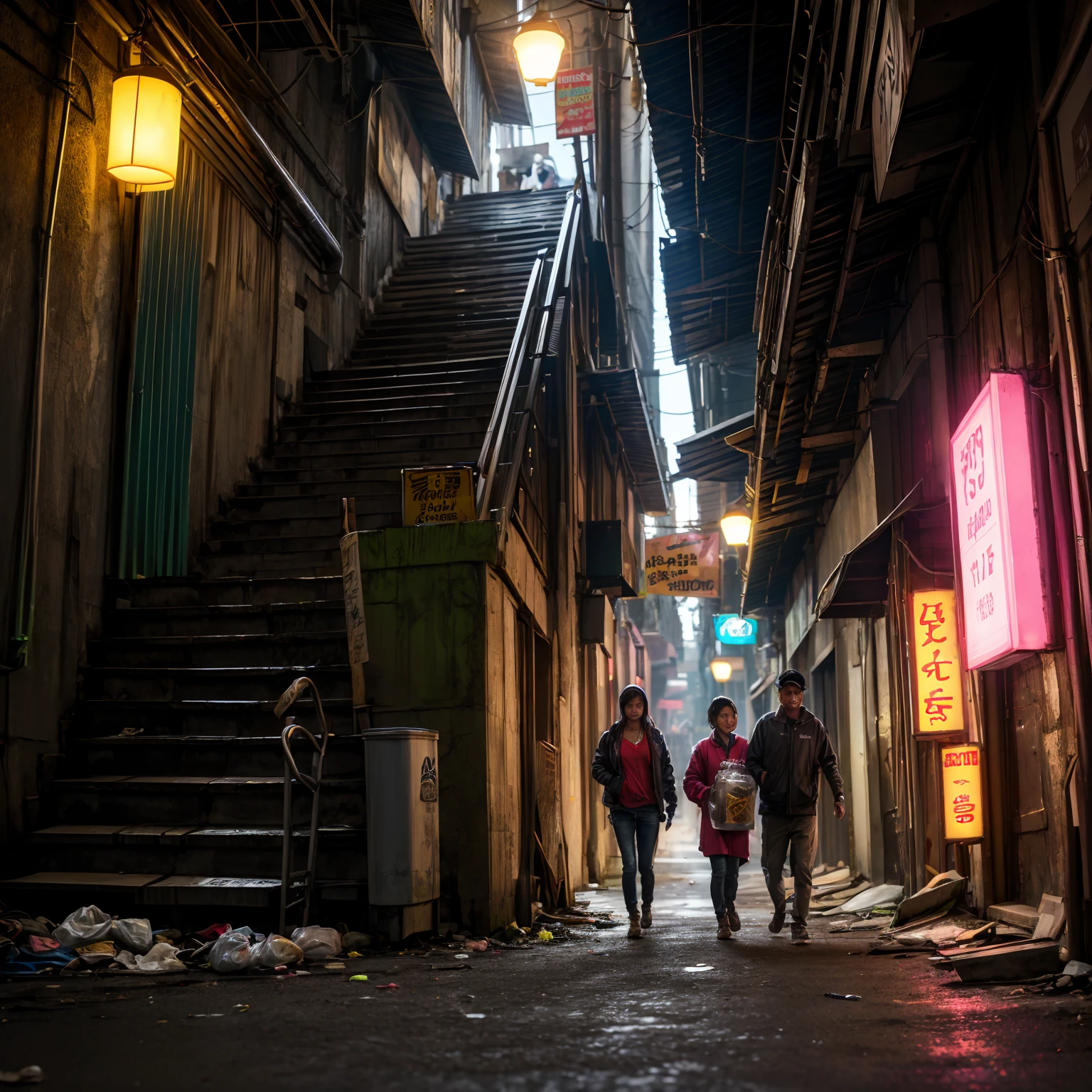 (( masterpiece 、 top quality 、 Official Art 、 Unity 8  ｋ wallpaper))、 (((workers on the way home from work、standing bar that stands out:1.6、Poor girl 、Detailed Faces、smile)))、( Unsanitary Poverty Alley、  poor environment、Dim Shopping Mall、People Eating and Drinking、On-the-road sales、 rusty vending machine、 Showa Retro:1.2)、(dirty、Bulky trash、Stairs to the basement、Mysterious Underpass )