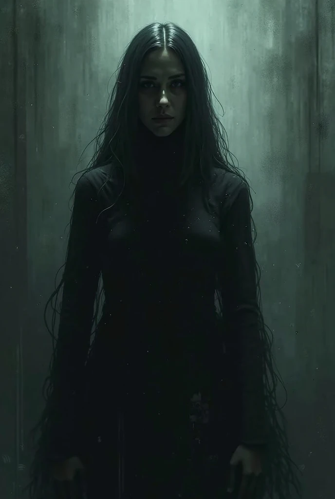 Design a terrifying image of Kami Noroi no Onna, a female yokai who controls her long black hair to strangle her victims. The setting should be a dark, shadow-filled room or a shadowy, abandoned village, highlighting her sinister and predatory nature.



