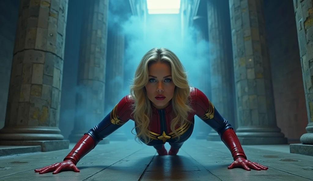 A beautiful woman with long blonde hair wearing a red and blue top with a yellow eagle-like emblem on her chest, black leggings, boots, and gold bracelets, a gold headband on her forehead on her knees screaming exhausted after an extensive battle, blood all around her in a cold and dark apocalyptic city, bloody and scary images