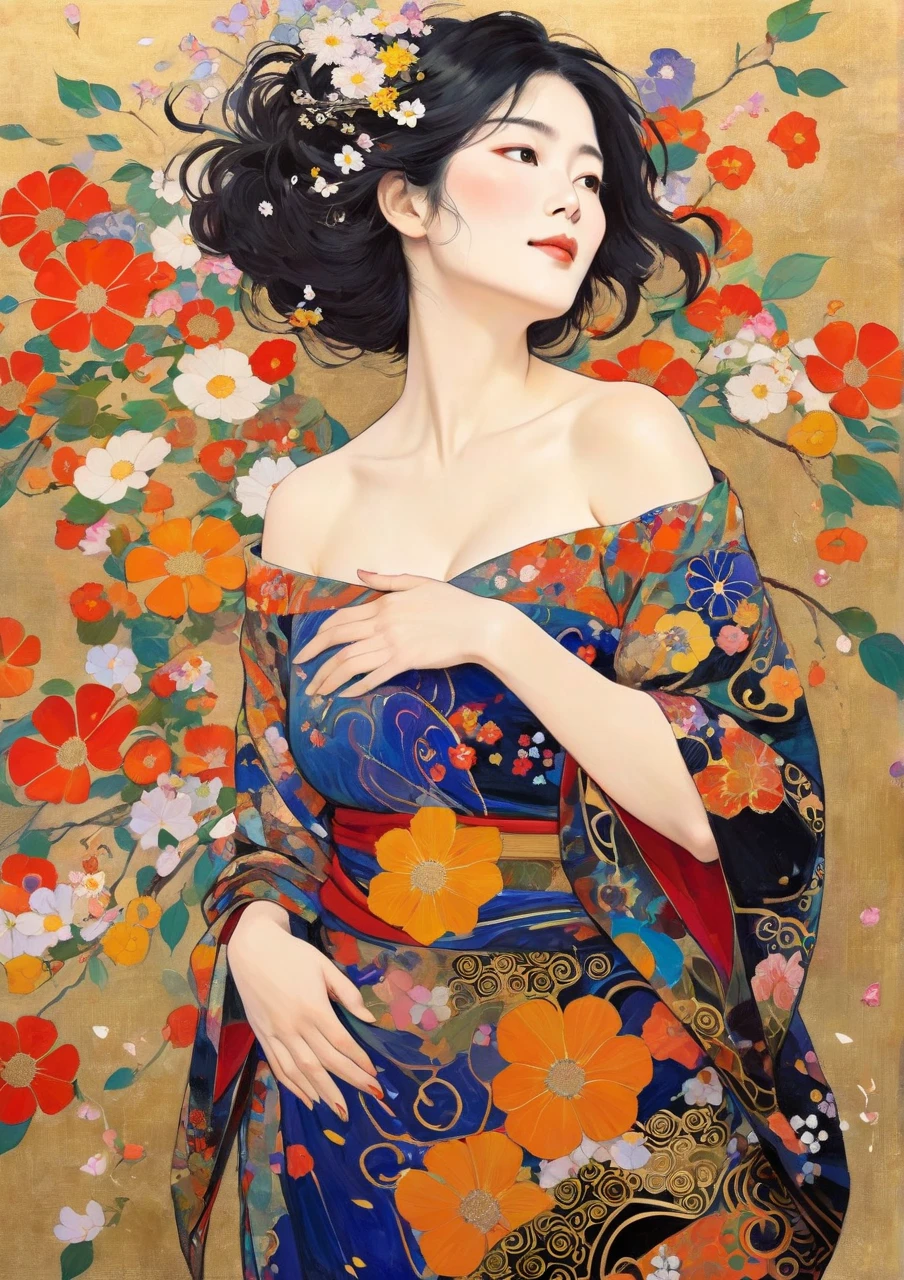Masterpiece Paintings, Japanese middle-aged woman with Klimt pattern, flat art, Picture books, simple crayon drawing, abstract,  lots of flowers  , illustration , Masterpiece Japanese Painting, flat illustration ,  lots of flowers  , flat illustration の日本人中年女性, 44 years old, Off Shoulder, disheveled hair, Petals Dancing in the Wind, harf-open-eyes, sexy,