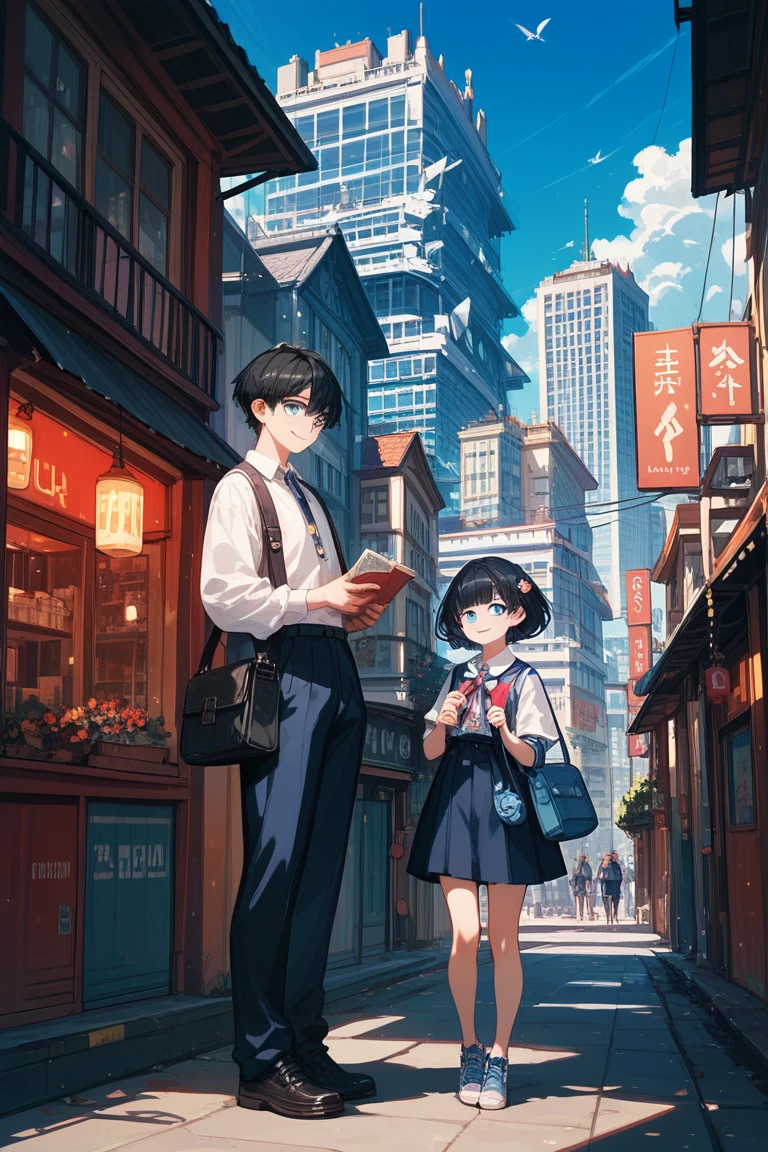 (detailed), 1 girl,,blue eyes,dark hair that shed blood,Two daggers,bright smile,pretty appearance,, cityscape , middle school student,small height,short hair,고화질