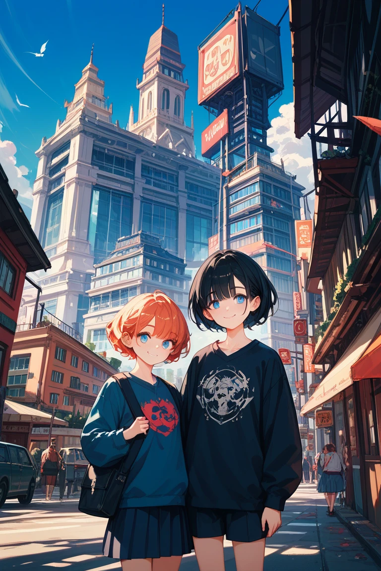 (detailed), 1 girl,,blue eyes,dark hair that shed blood,Two daggers,bright smile,pretty appearance,, cityscape , middle school student,small height,short hair,고화?